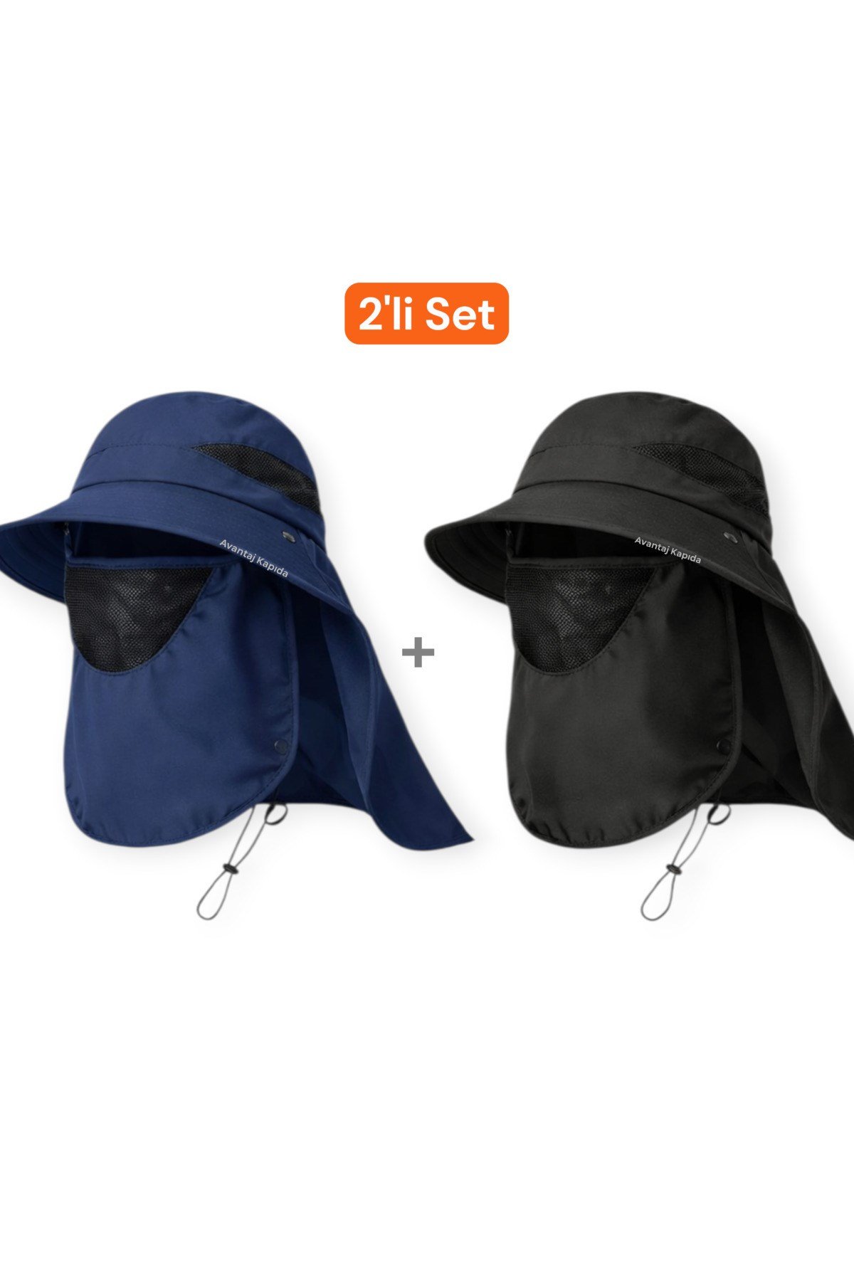 2'li Set Güneş Korumalı Sök Tak Maskeli Enseli Güneş Şapkası Unisex Outdoor Yazlık Şapka Krem