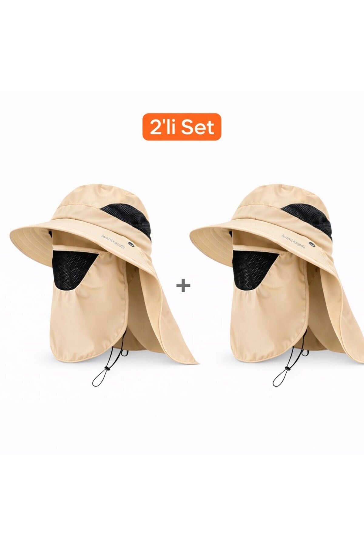 2'li Set Güneş Korumalı Sök Tak Maskeli Enseli Güneş Şapkası Unisex Outdoor Yazlık Şapka Krem