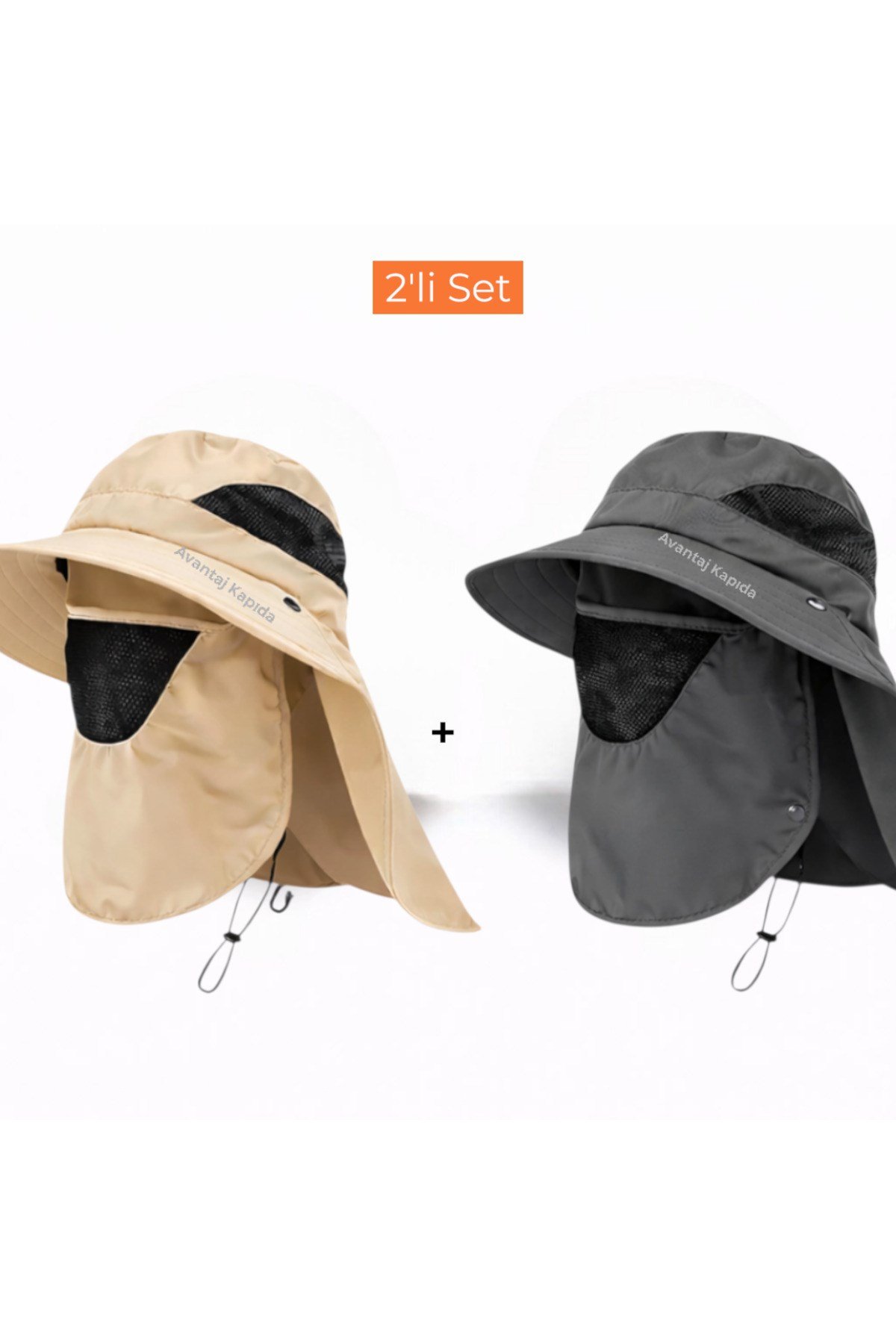 2'li Set Güneş Korumalı Sök Tak Maskeli Unisex Enseli Güneş Şapkası Outdoor Kamp Balıkçı Tarla