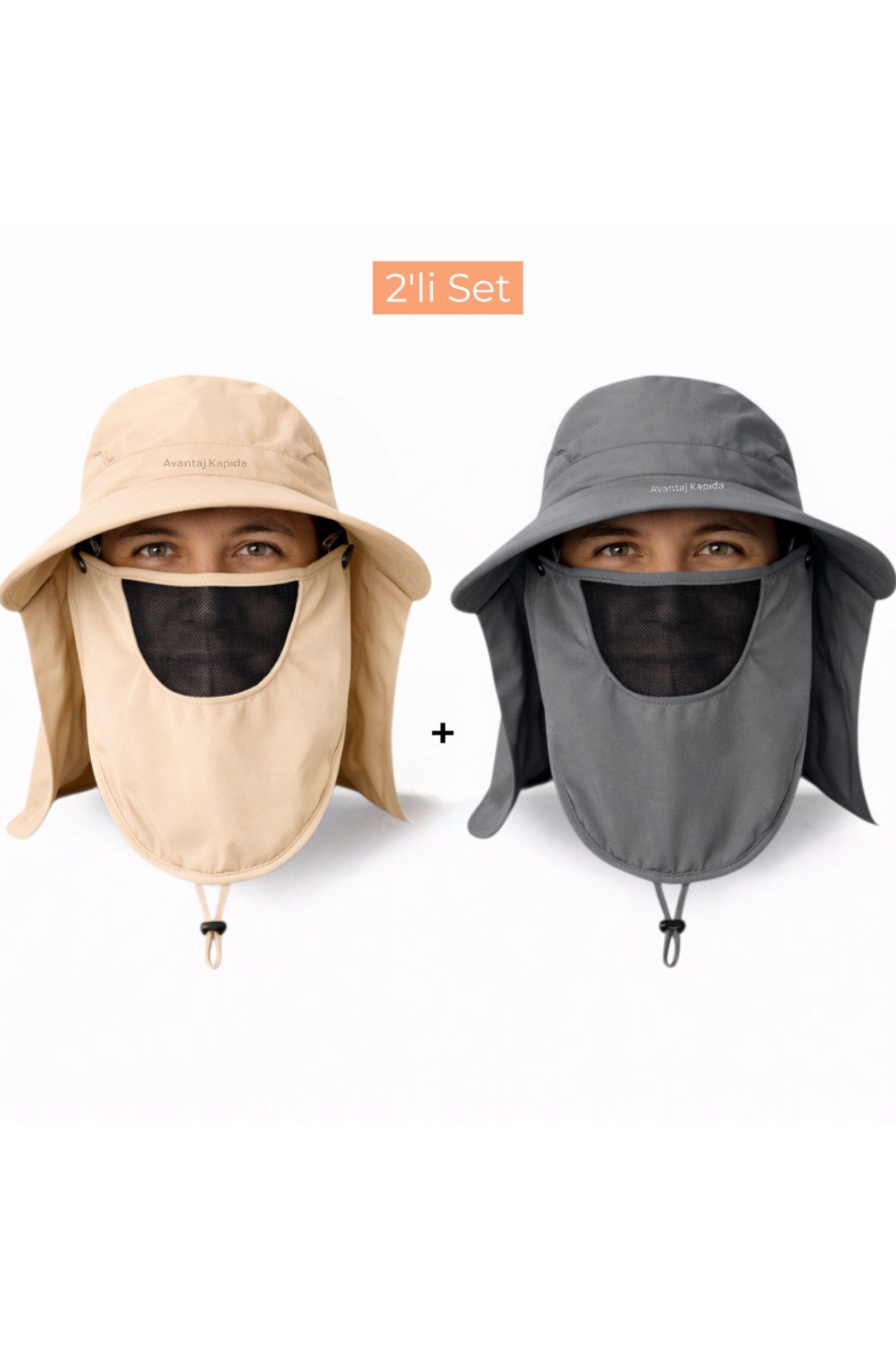 2'li Set Güneş Korumalı Sök Tak Maskeli Enseli Güneş Şapkası Unisex Outdoor Yazlık Şapka Krem