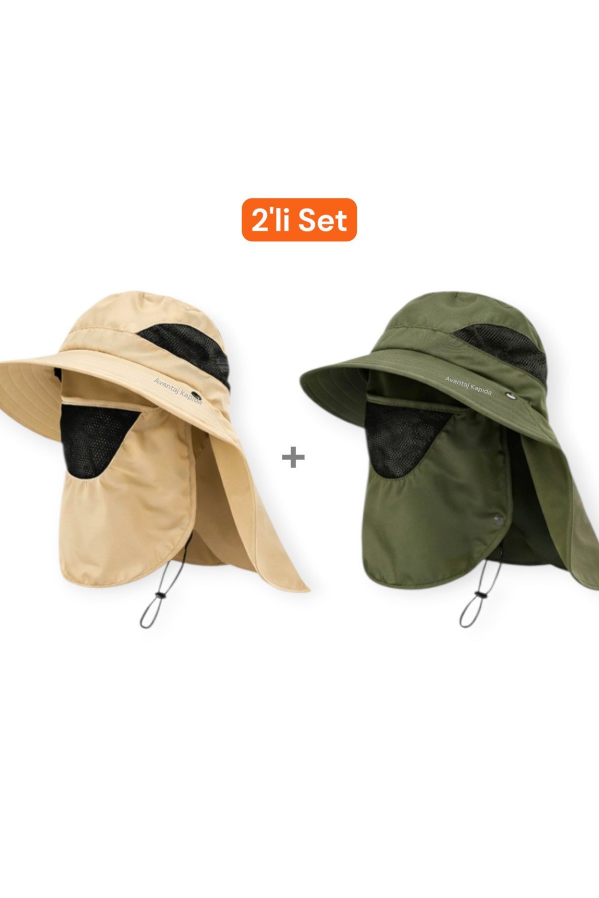 2'li Set Güneş Korumalı Sök Tak Maskeli Enseli Güneş Şapkası Unisex Outdoor Yazlık Şapka Krem