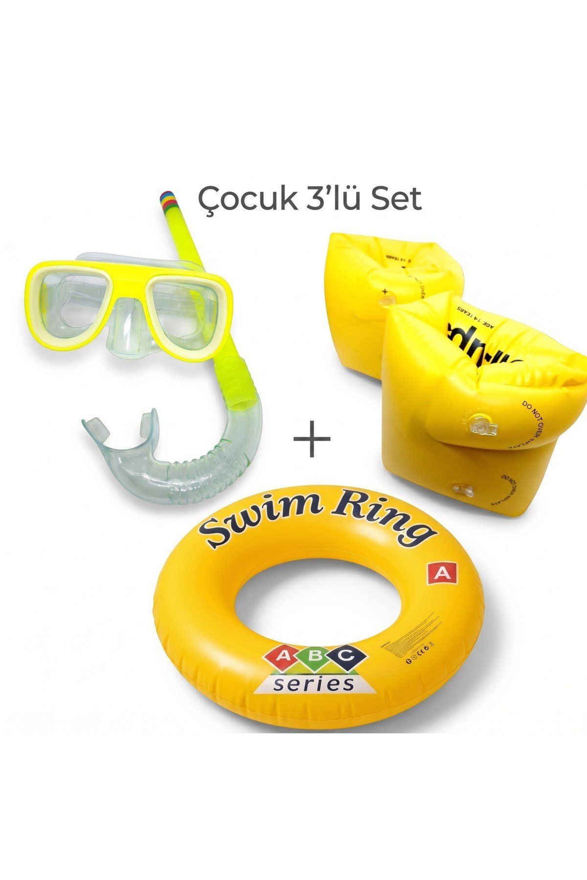 3-8 Yaş Çocuk 3'lü Deniz ve Havuz Yüzme Seti Maske Şnorkel - Yürüyen Kolluk ve Simit