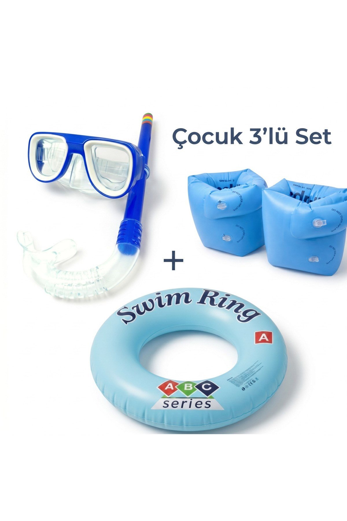 3-8 Yaş Çocuk 3'lü Deniz ve Havuz Yüzme Seti Maske Şnorkel - Yürüyen Kolluk ve Simit