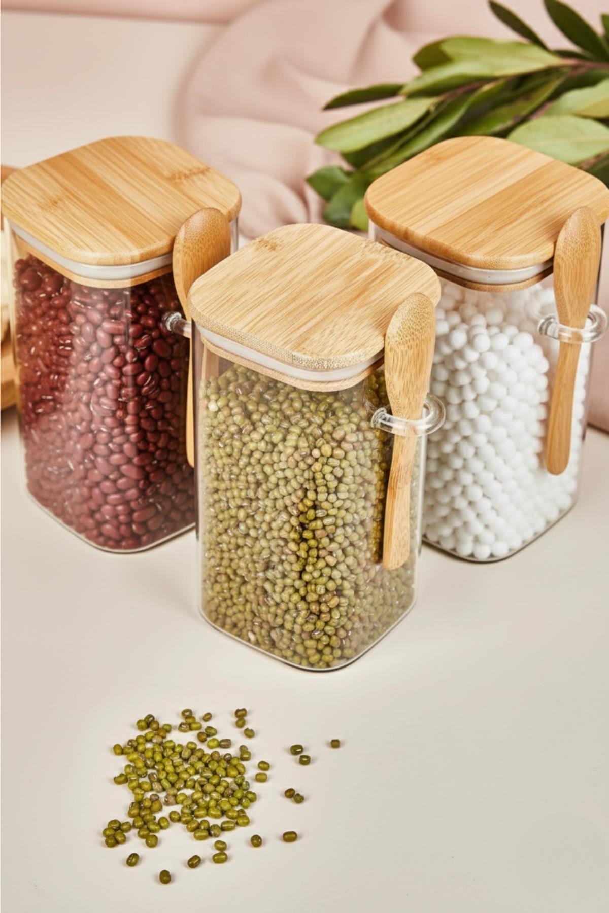 3’lü Bambu Kaşıklı Cam Kavanoz Seti Baharatlık Saklama Düzenleme Kavanozu 700 ml