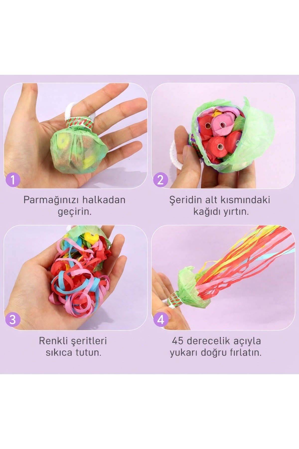30 Şeritli Renkli Elle Atılan Konfeti – 5 Metre Uzayan Şerit Konfeti 1 Adet