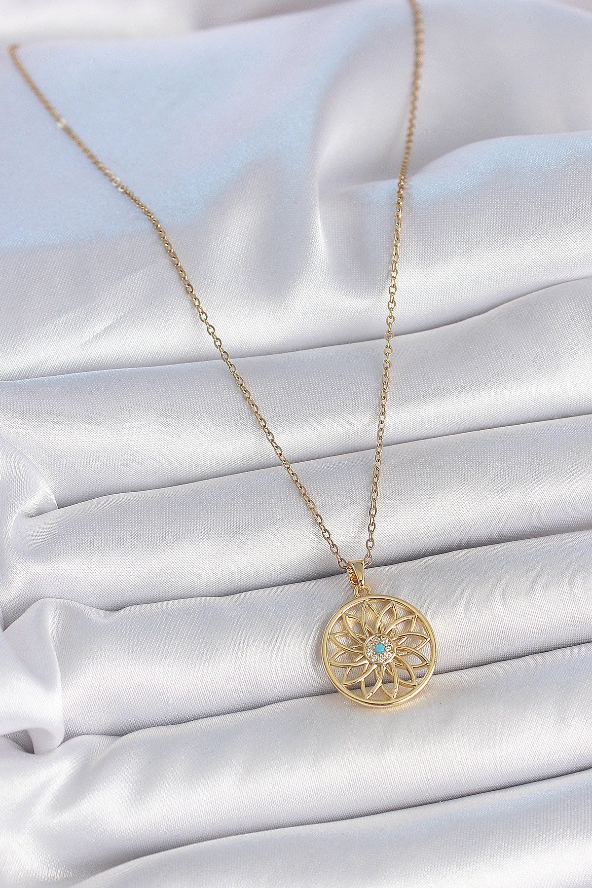 316L Çelik Gold Renk Zincr Mavi Taşlı Lotus Model Kadın Kolye