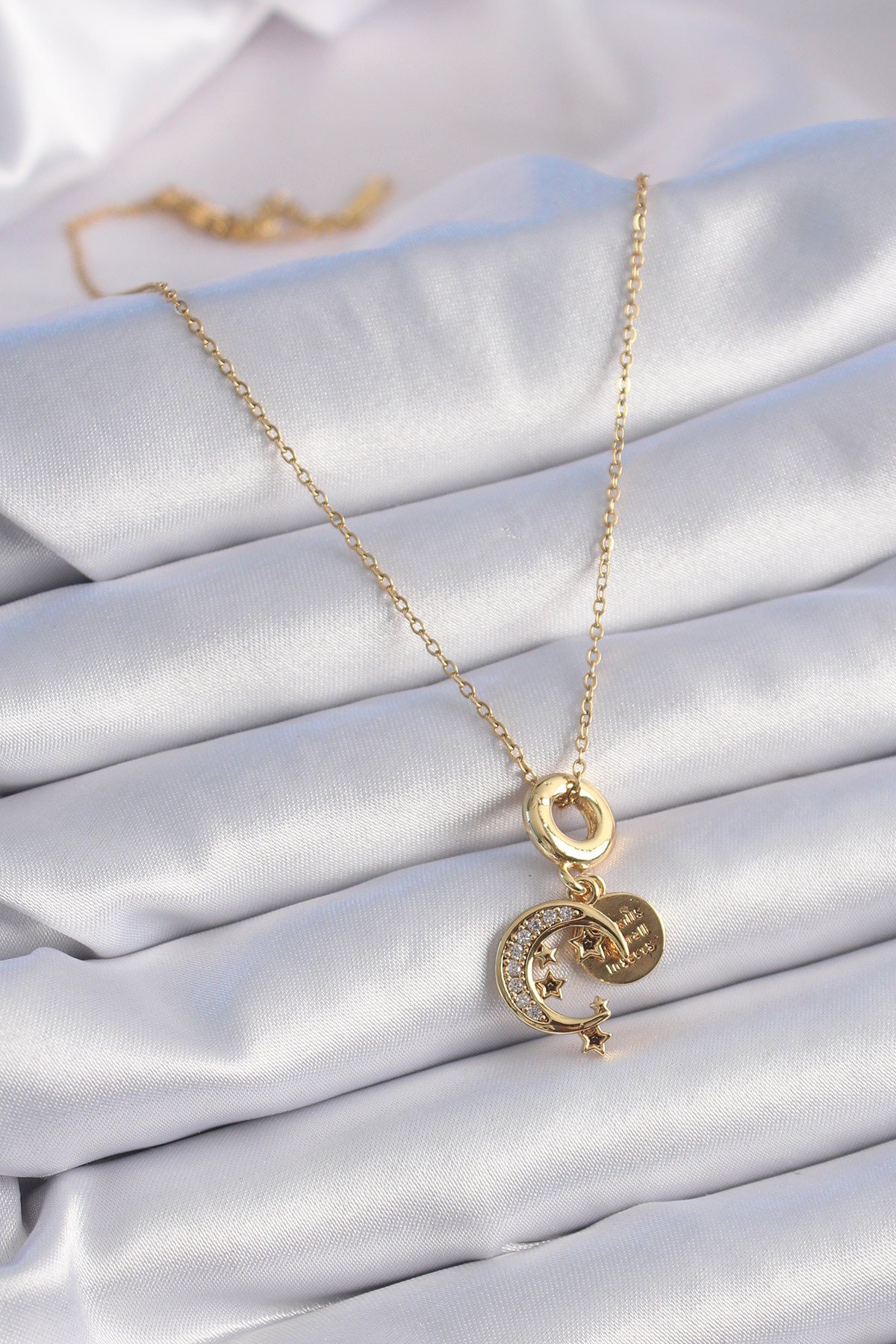 316L Çelik Gold Renk Zirkon Taşlı Ay Yıldız Model Charm Model Kadın Kolye