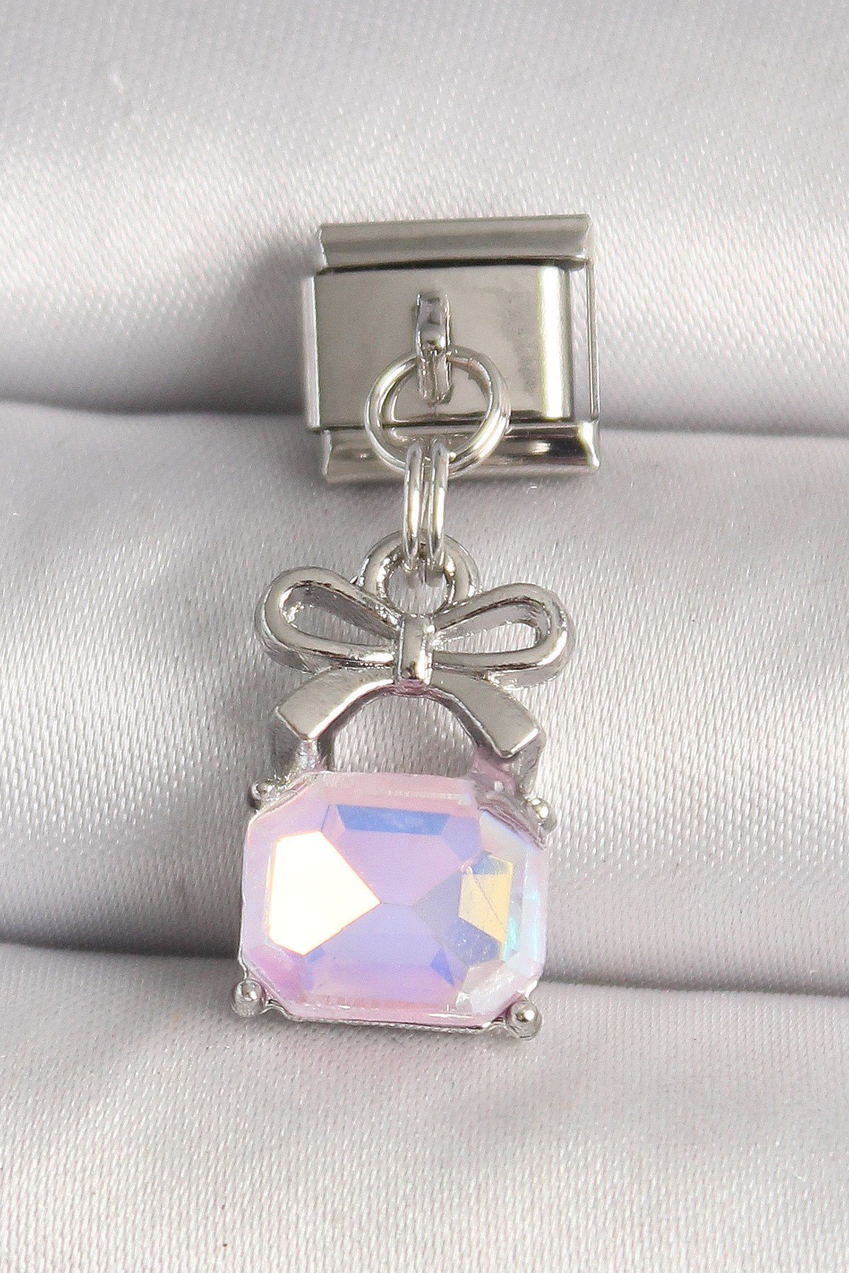 316L Çelik Gümüş Renk Pembe Zirkon Taşlı Çanta Model Nomination Charm
