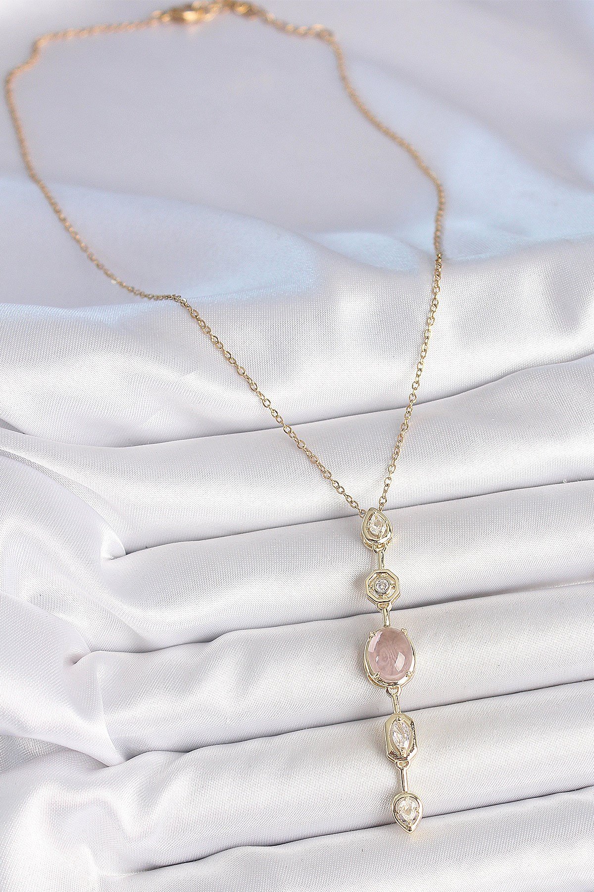 316L Çelik Zincir Gold Renk Pembe Zirkon Taşlı Y Kolye
