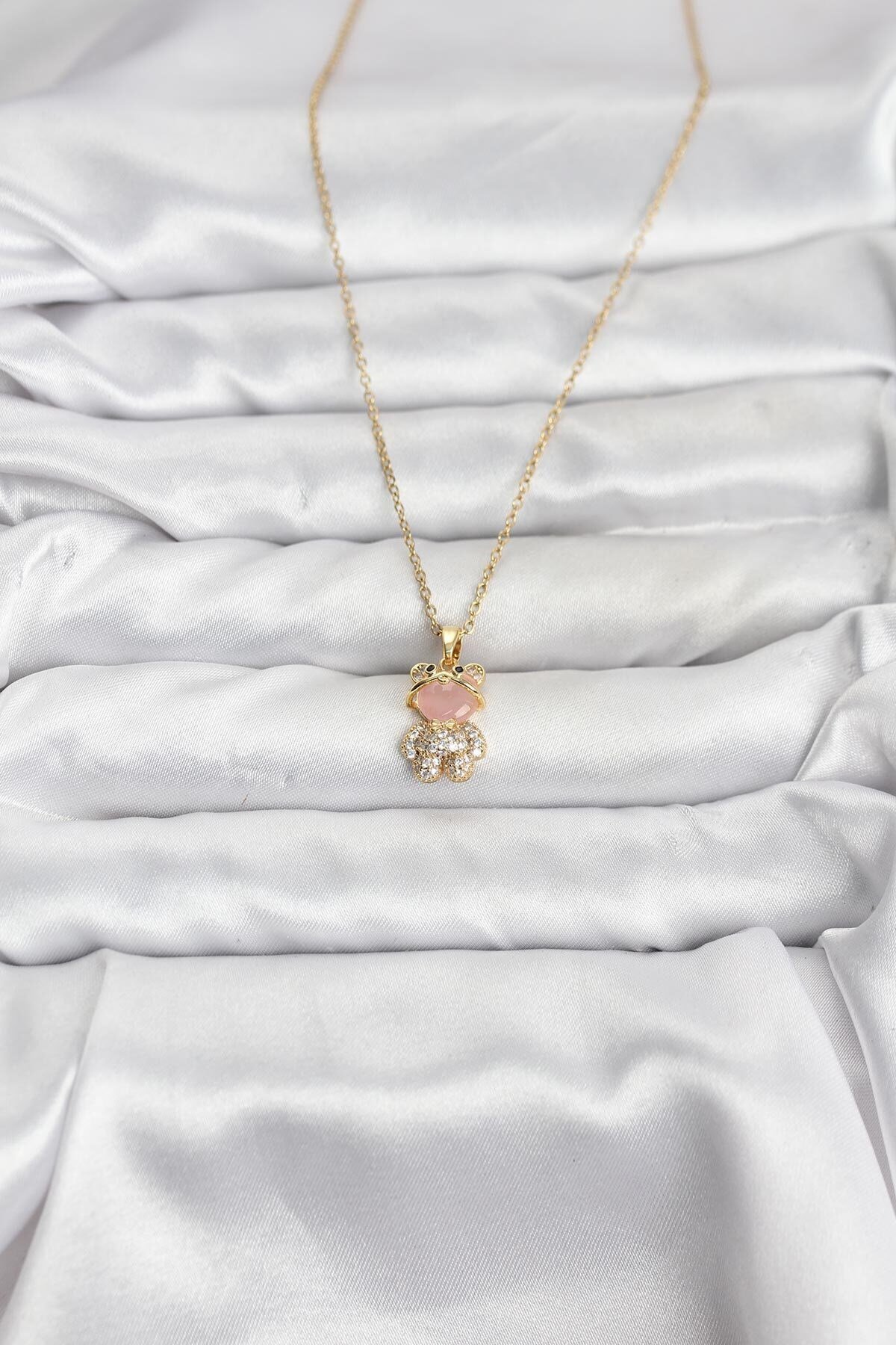 316L Çelik Zincir Gold Renk Teddy Bear Model Zirkon Taşlı Kadın Kolye