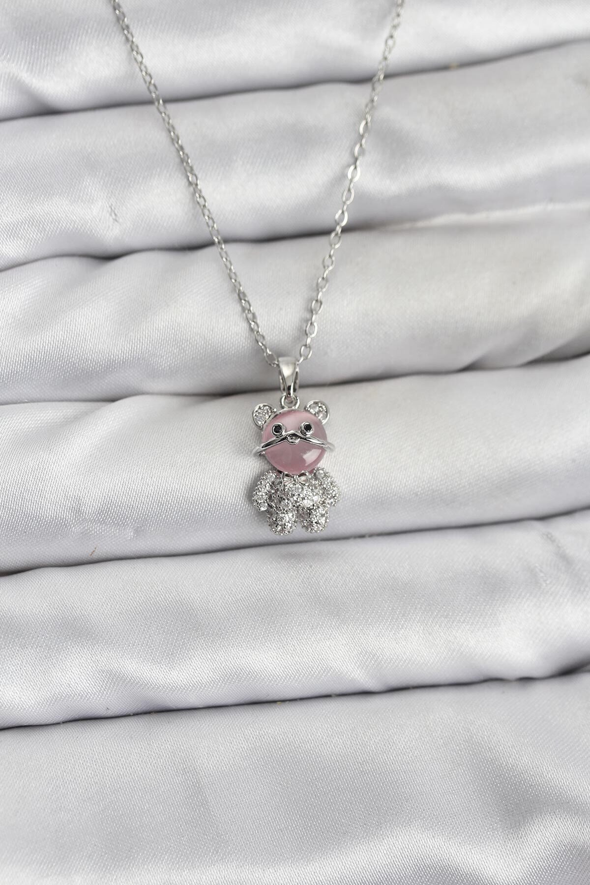 316L Çelik Zincir Gümüş Renk Teddy Bear Model Zirkon Taşlı Kadın Kolye