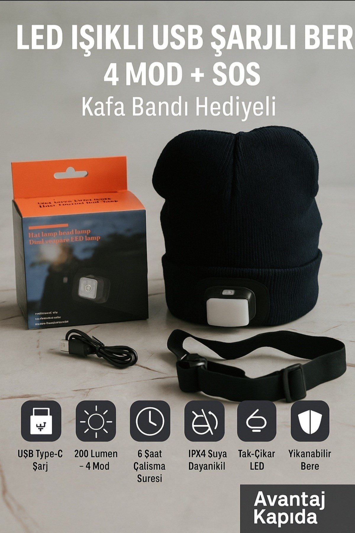 3'lü Kış Seti: Kar Kayak Eldiveni + Şarjlı LED Fenerli Bere + Triko Atkı (S/M-L-XL Beden)