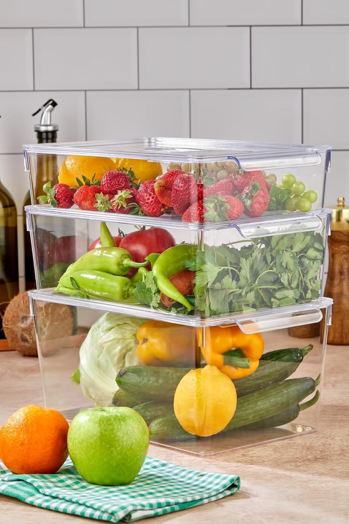 3'Lü Vakum Düğmeli Kapaklı Dolap İçi Organizeri & Kırılmaz Düzenleyici Kutu (9 Lt 6,5 Lt 4,5 Lt)