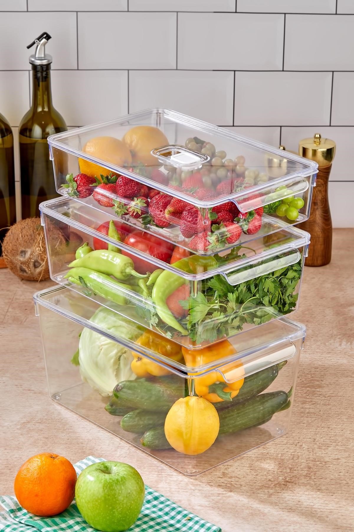 3'Lü Vakum Düğmeli Kapaklı Dolap İçi Organizeri & Kırılmaz Düzenleyici Kutu (9 Lt 6,5 Lt 4,5 Lt)