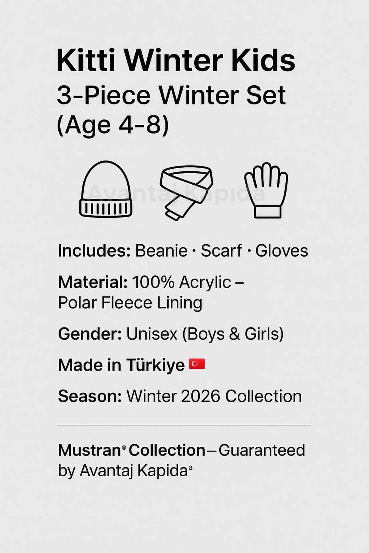 4–8 Yaş Kız Erkek Çocuk Bere Atkı Eldiven 3’lü Kışlık Set | Polar İçli Triko | Yeni Sezon 2026