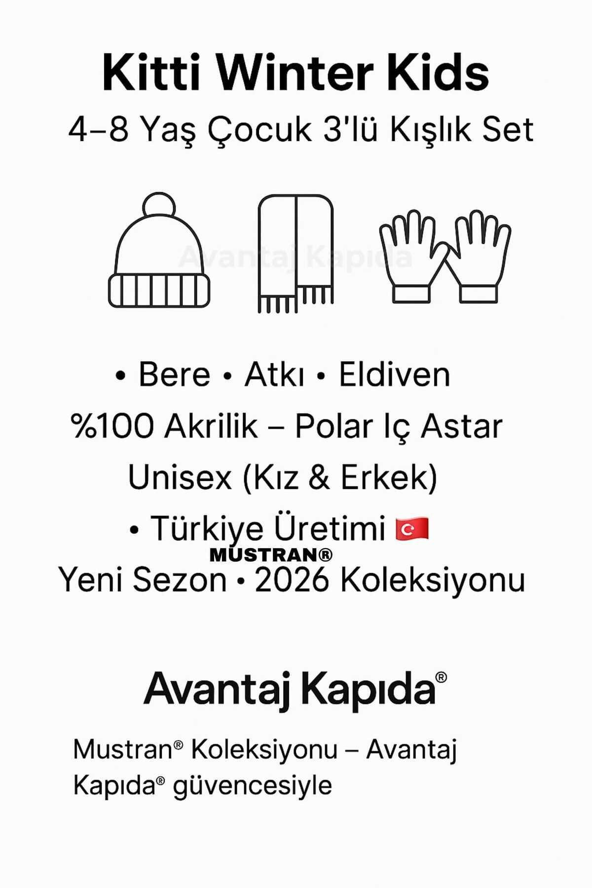 4–8 Yaş Kız Erkek Çocuk Bere Atkı Eldiven 3’lü Kışlık Set | Polar İçli Triko | Yeni Sezon 2026