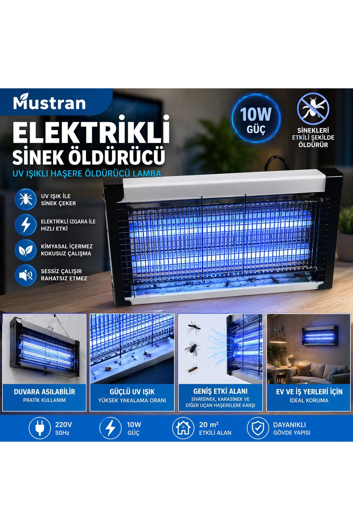 45 cm Büyük Boy Elektrikli Sinek Öldürücü 10W UV Işıklı Çift Tüplü Askılı Sivrisinek Karasinek Lamba