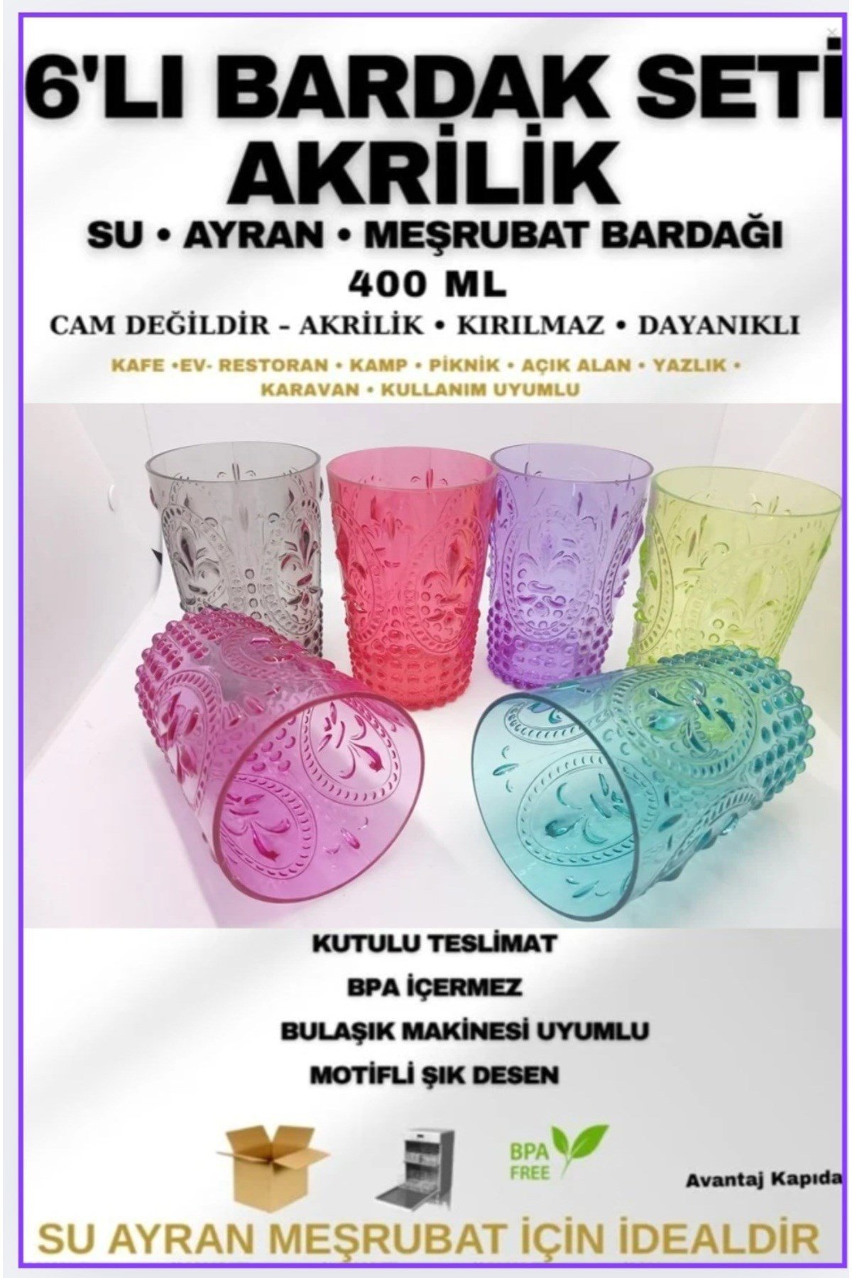 6’lı Renkli Akrilik Su ve Meşrubat Bardağı Seti 400 ml – Motifli, Kırılmaz, Kutulu Gönderim