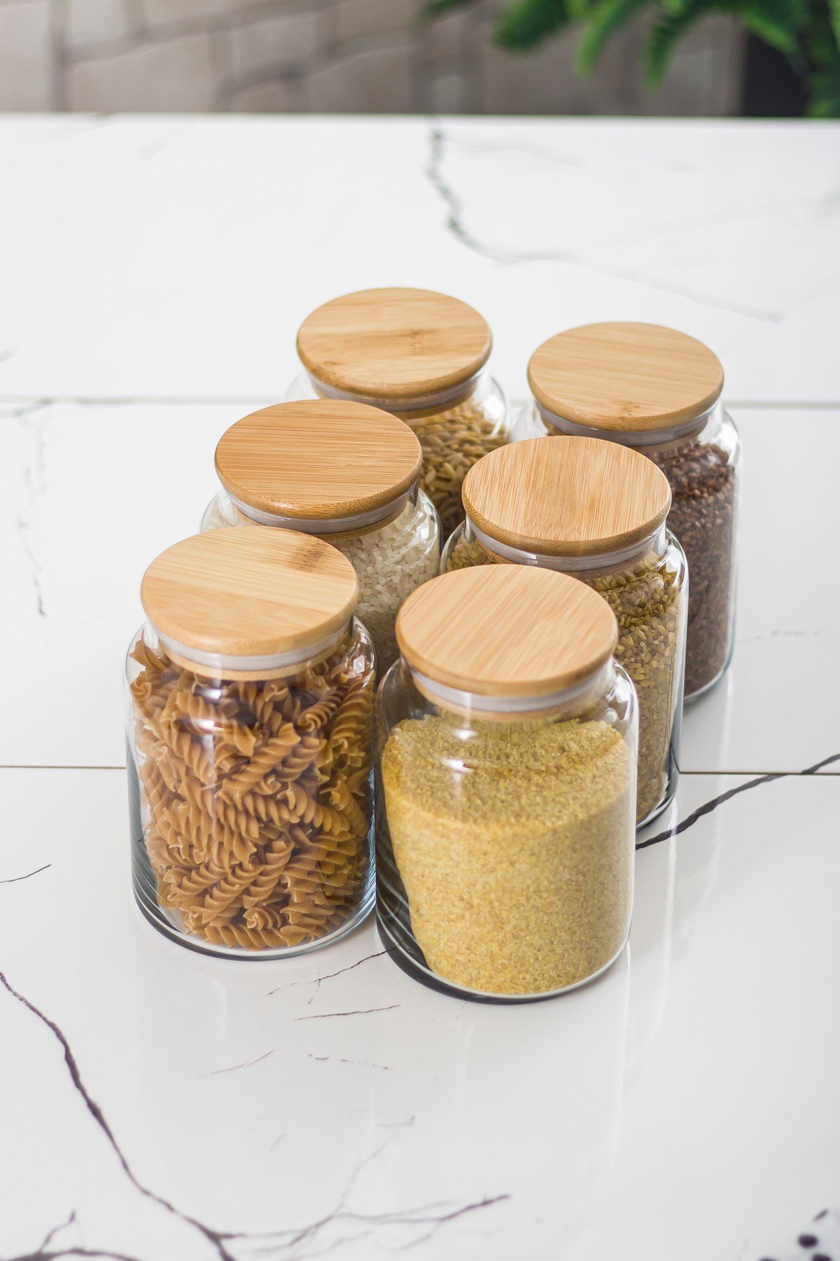 6 Lı Set Bambu Kapaklı Cam Kavanoz & Erzak Saklama Kabı 800 ml Orta Boy ( Vakum Kapak )