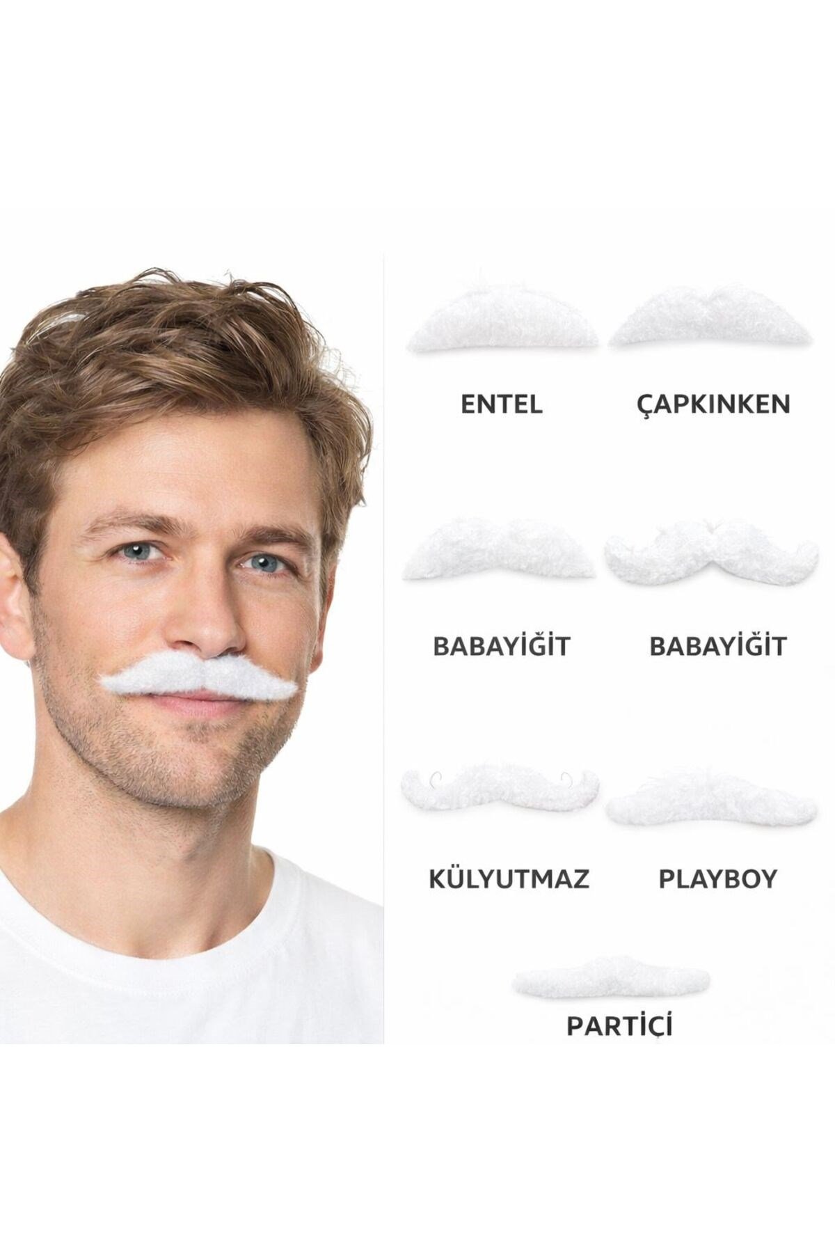 6’lı Yapışkanlı Beyaz Parti Bıyık Seti – Farklı Modeller