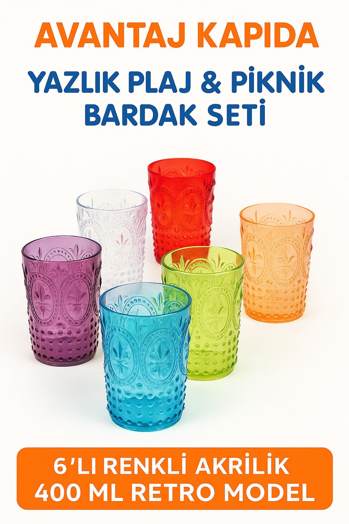 6’lı Yazlık Retro Akrilik Su Bardağı Seti – Dayanıklı Piknik Plaj Kullanıma Uygun