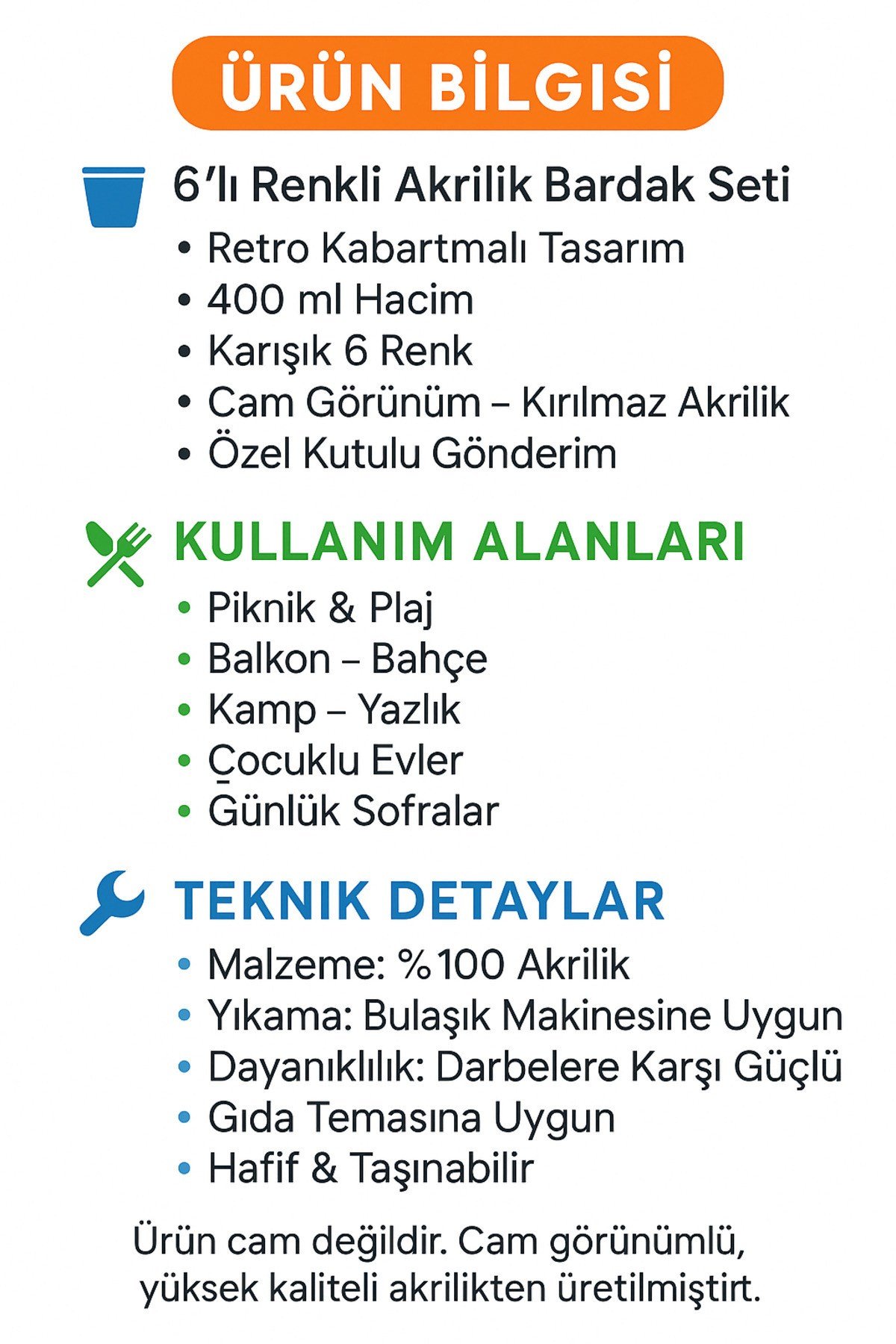 6’lı Yazlık Retro Akrilik Su Bardağı Seti – Dayanıklı Piknik Plaj Kullanıma Uygun