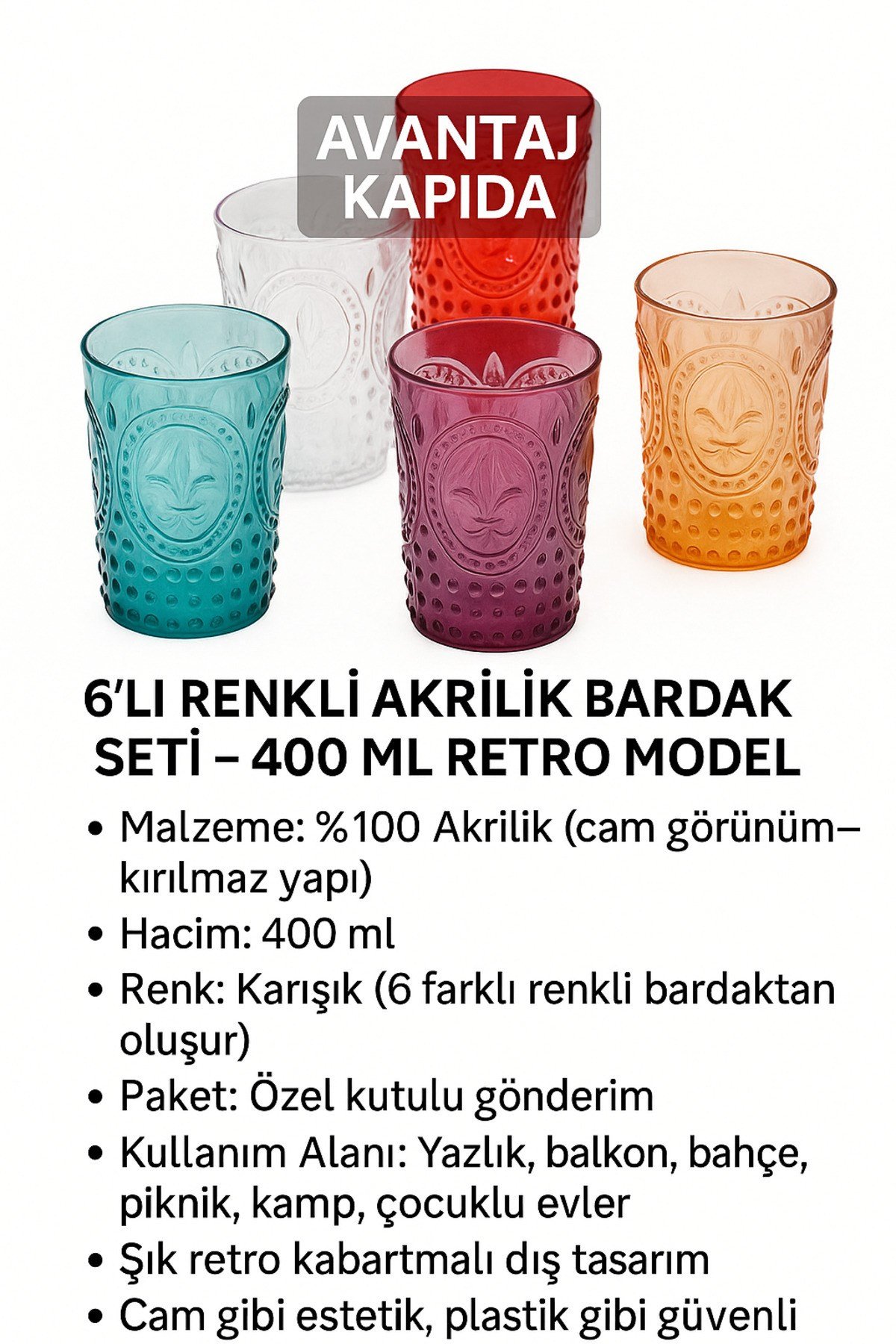 6’lı Yazlık Retro Akrilik Su Bardağı Seti – Dayanıklı Piknik Plaj Kullanıma Uygun