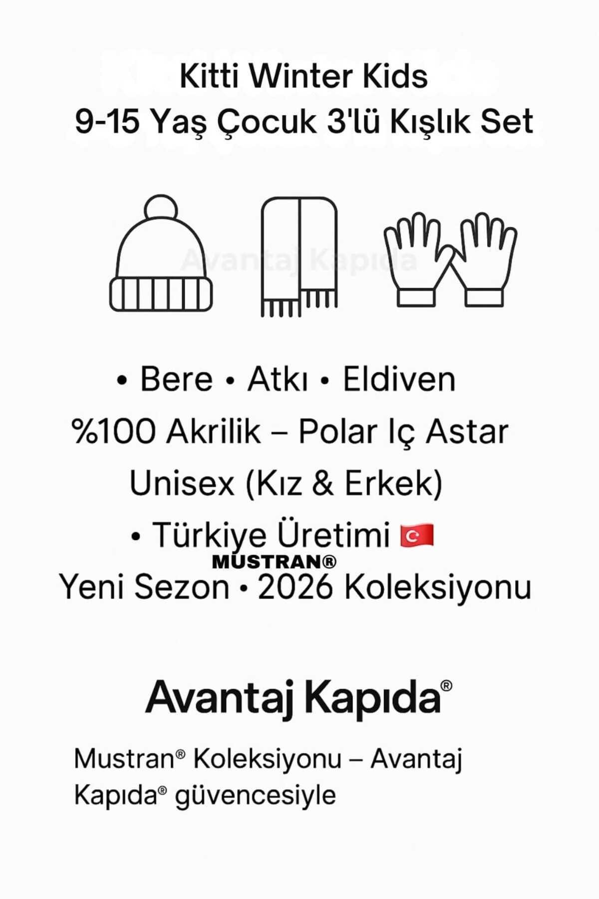 8–12 Yaş Çocuk Bere Atkı Eldiven 3’lü Kışlık Set | Polar İçli Triko Örgü | Yeni Sezon 2026