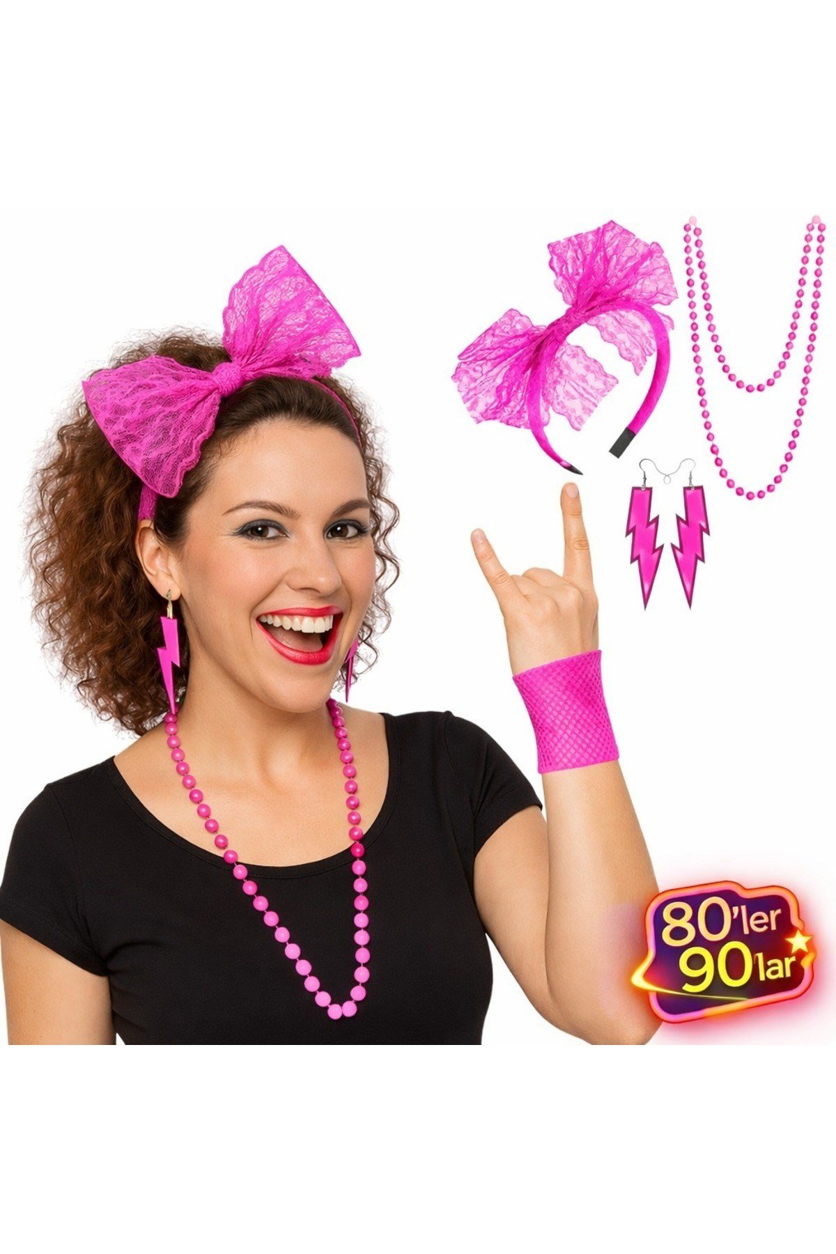 80’ler 90’lar Neon Pembe Parti Seti – Kolye Küpe Taç