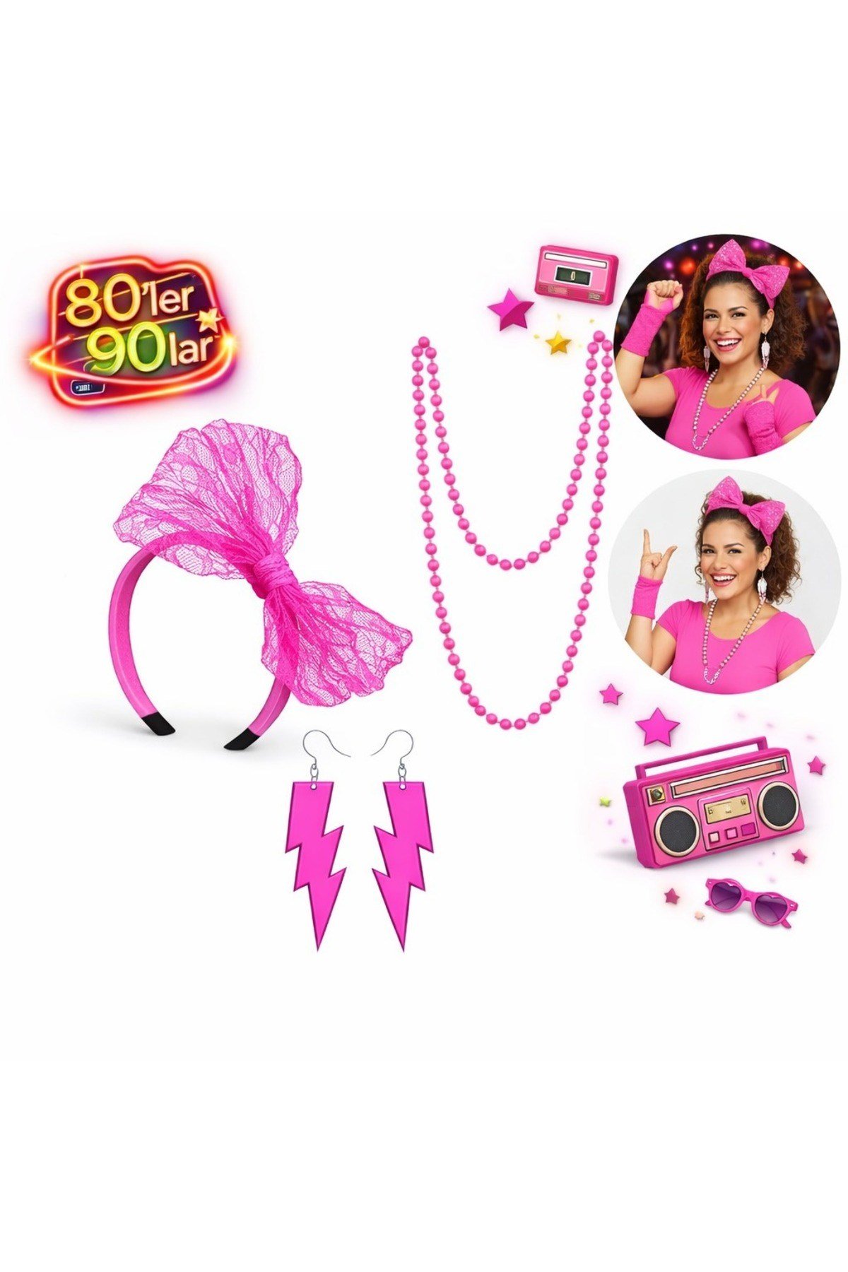 80’ler 90’lar Neon Pembe Parti Seti – Kolye Küpe Taç