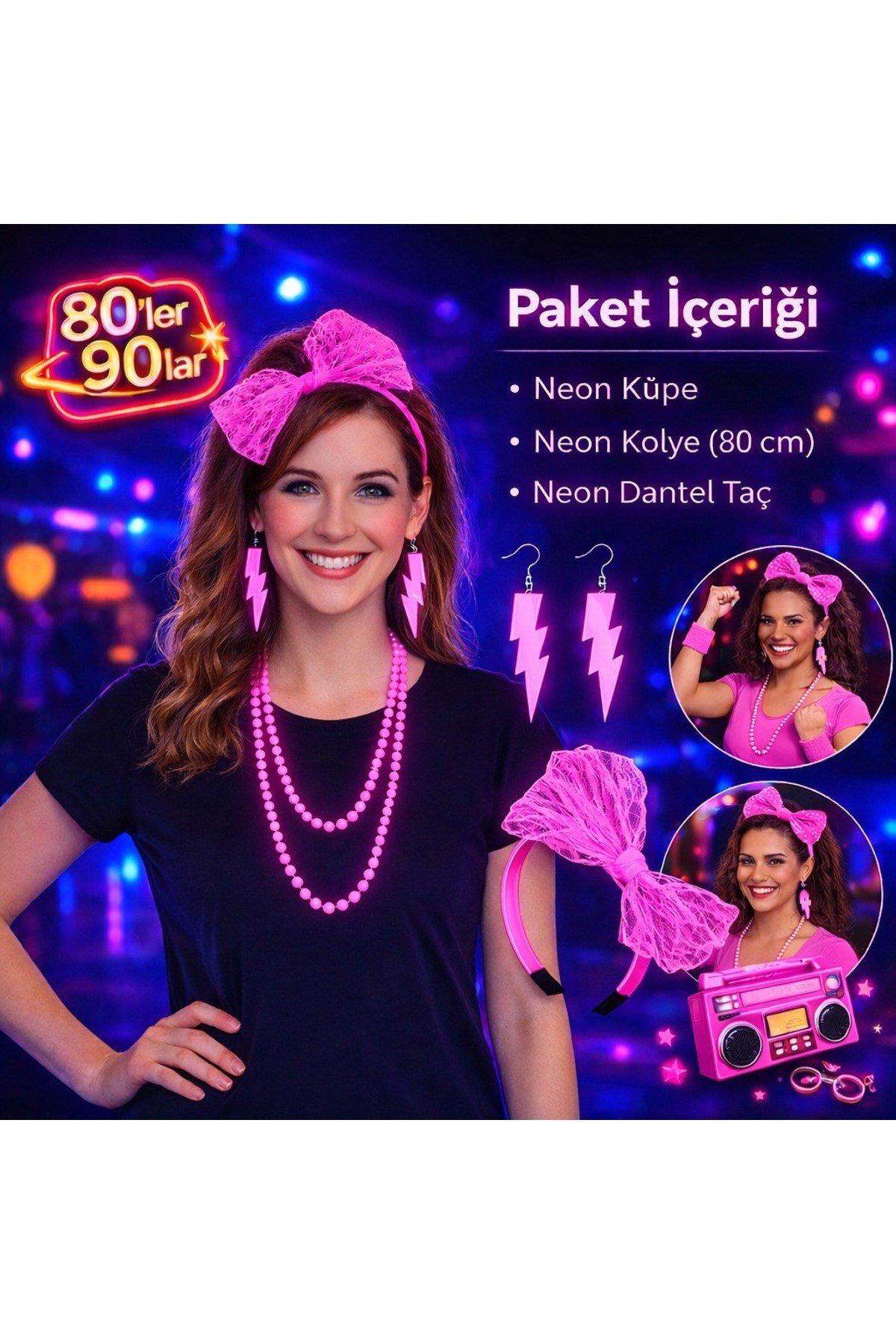 80’ler 90’lar Neon Pembe Parti Seti – Kolye Küpe Taç
