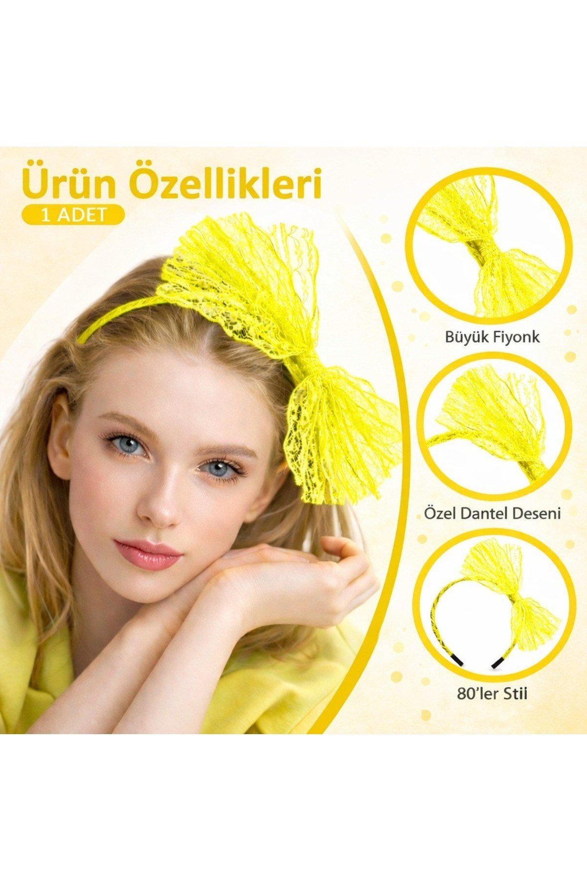 80’ler 90’lar Neon Sarı Dantel Taç Fiyonklu