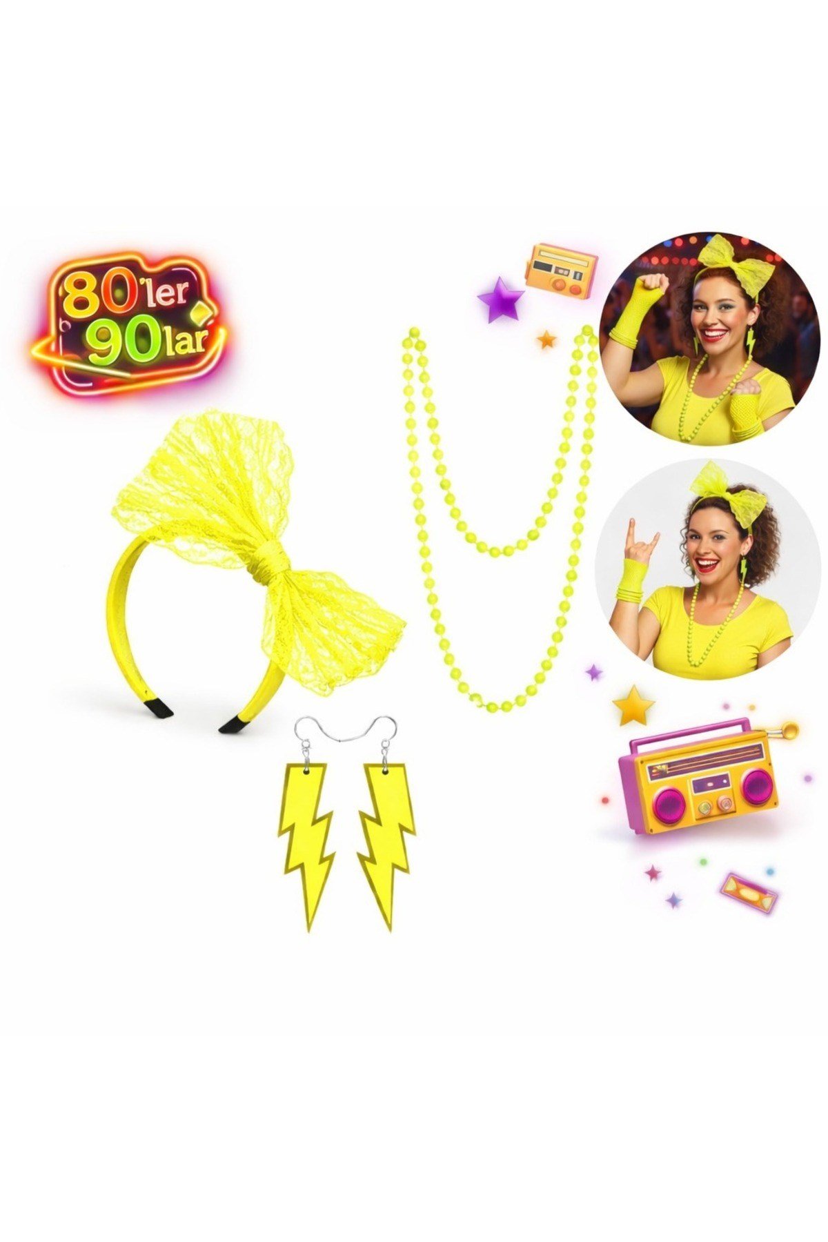 80’ler 90’lar Neon Sarı Parti Seti – Kolye Küpe Taç