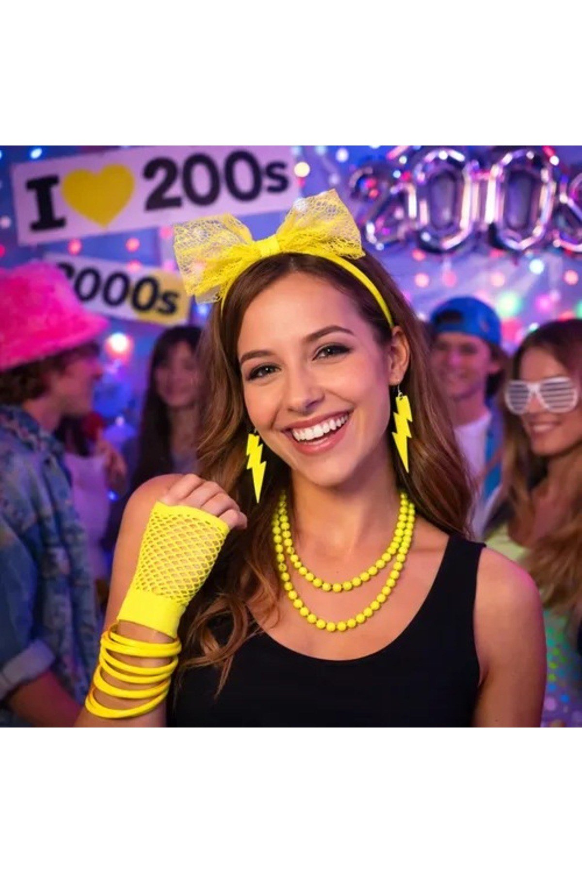80’ler 90’lar Neon Sarı Parti Seti – Kolye Küpe Taç