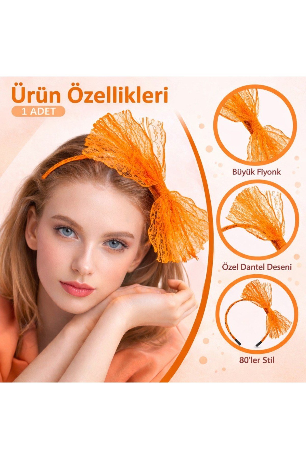 80’ler 90’lar Neon Turuncu Dantel Taç Fiyonklu