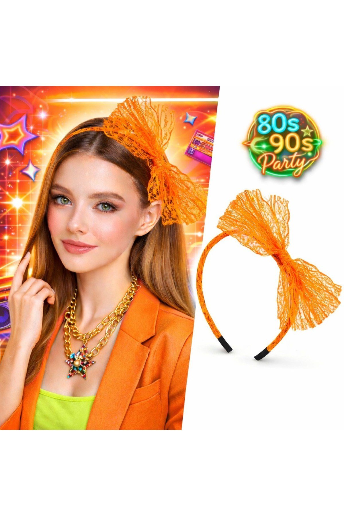 80’ler 90’lar Neon Turuncu Dantel Taç Fiyonklu