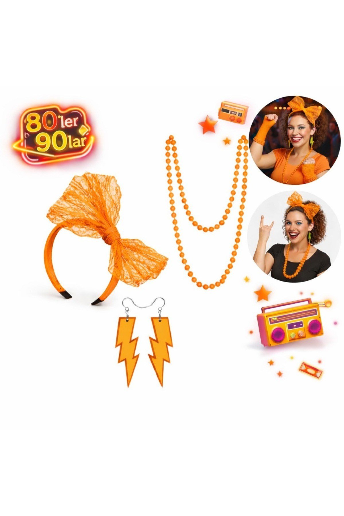 80’ler 90’lar Neon Turuncu Parti Seti – Kolye Küpe Taç