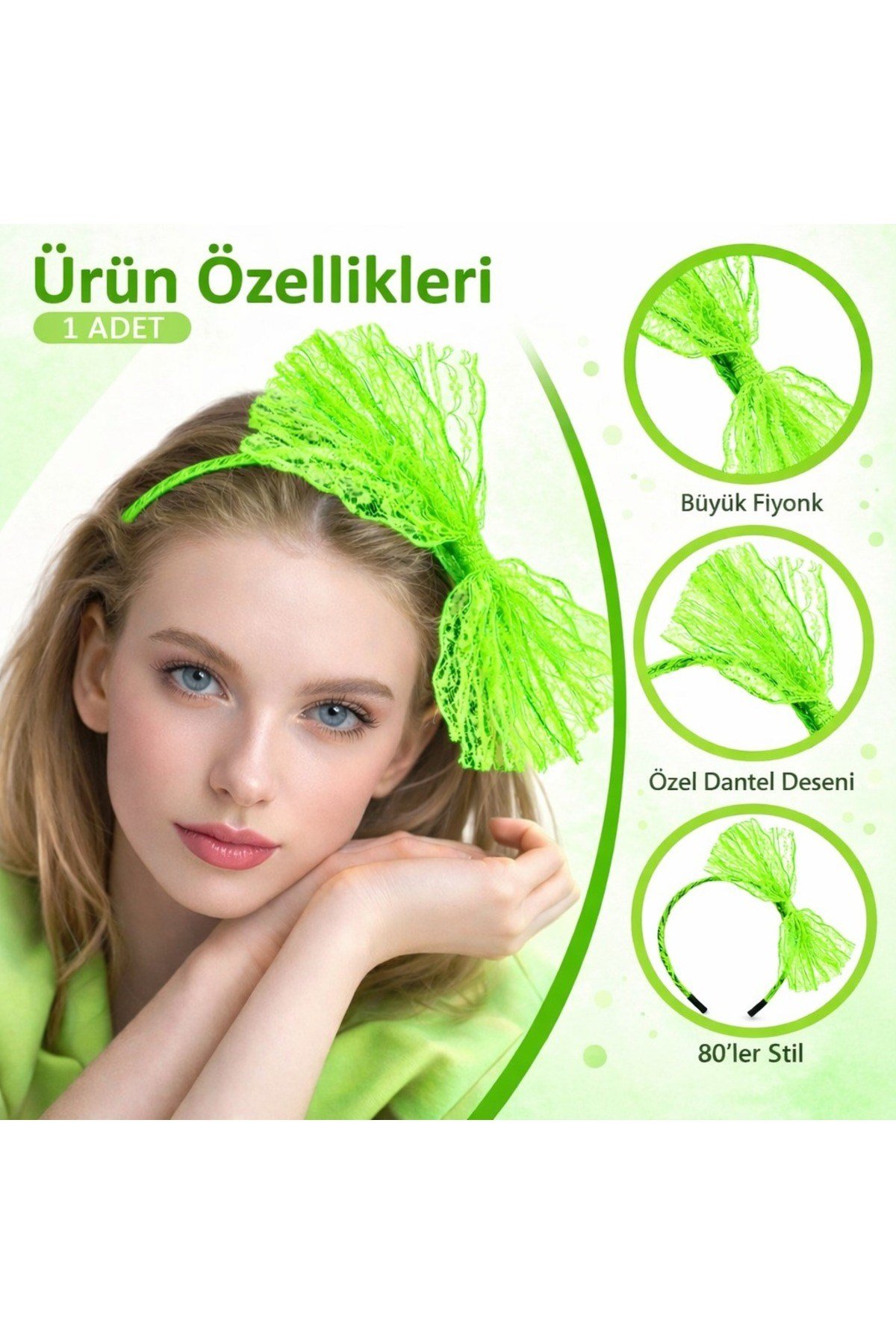 80’ler 90’lar Neon Yeşil Dantel Taç Fiyonklu
