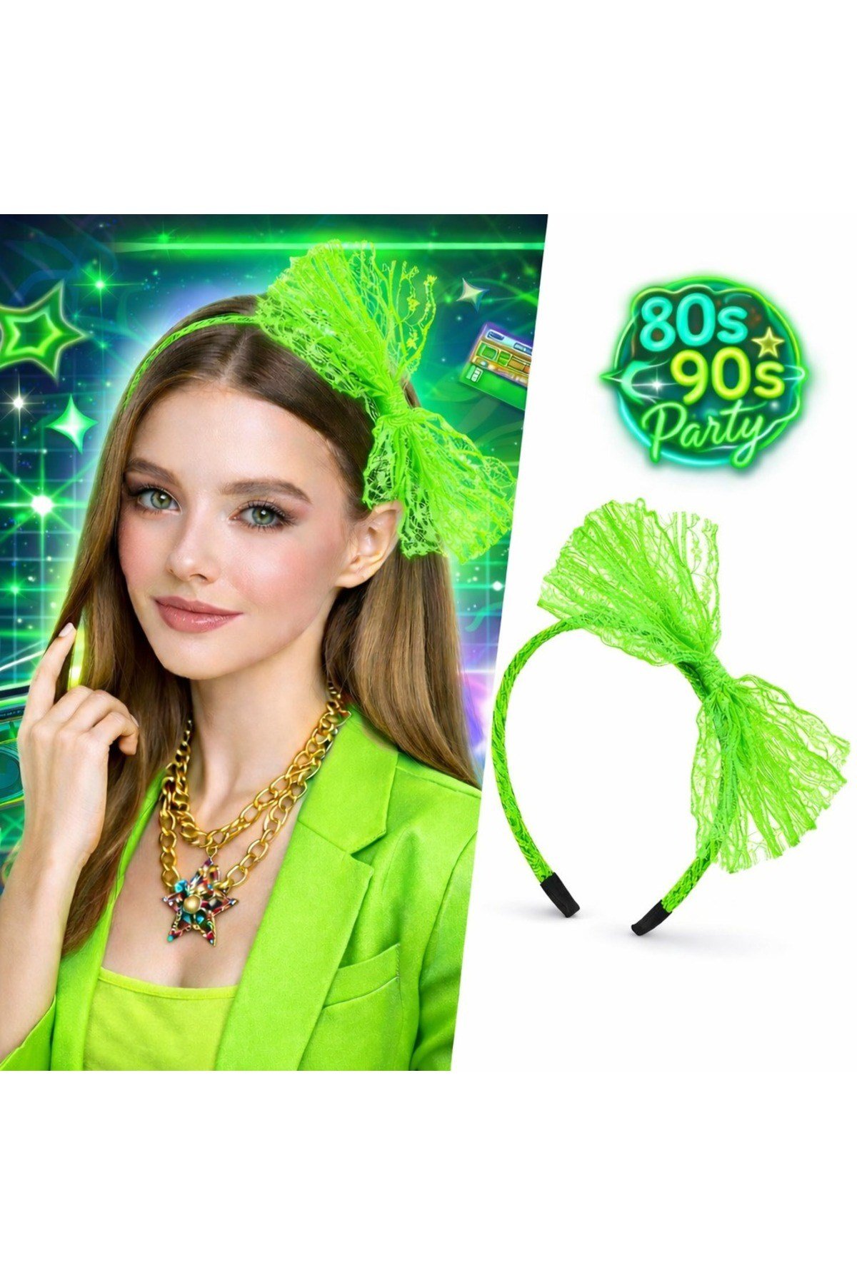 80’ler 90’lar Neon Yeşil Dantel Taç Fiyonklu