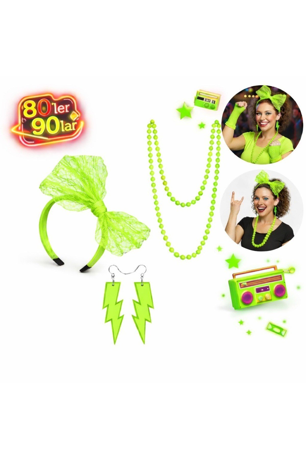 80’ler 90’lar Neon Yeşil Parti Seti – Kolye Küpe Taç
