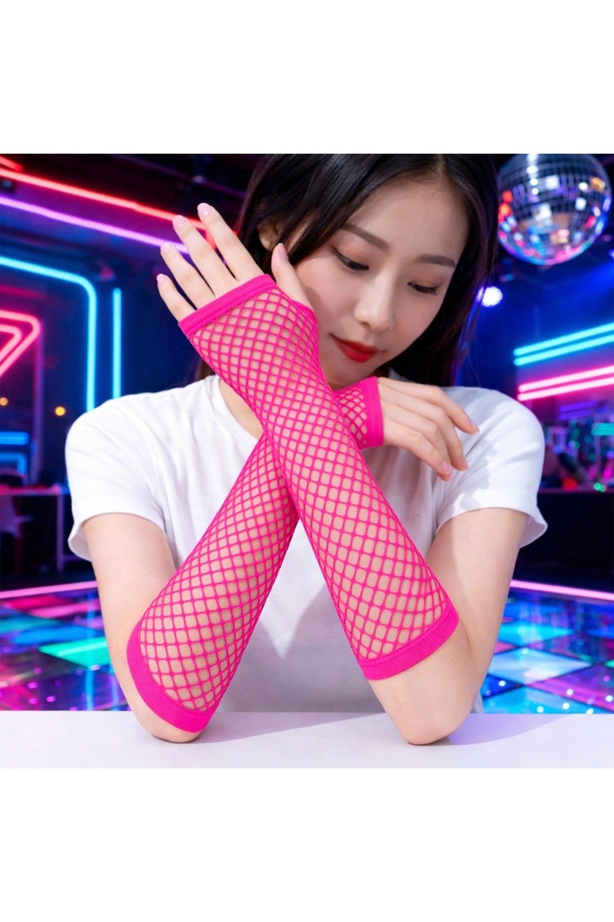 80’ler 90’lar Retro Neon Fuşya Şeker Pembesi File Parmaksız Eldiven 26 cm