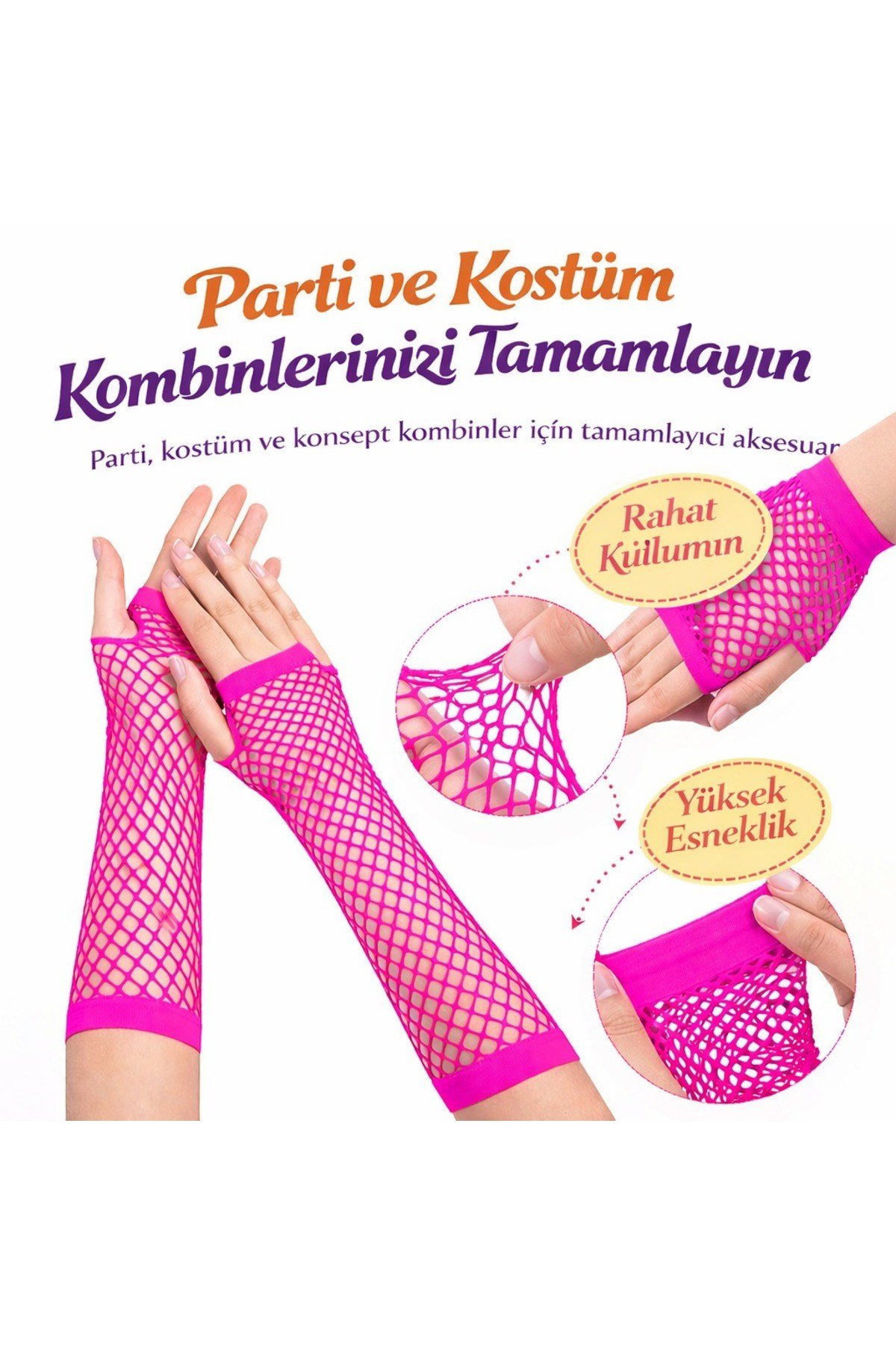 80’ler 90’lar Retro Neon Fuşya Şeker Pembesi File Parmaksız Eldiven 26 cm