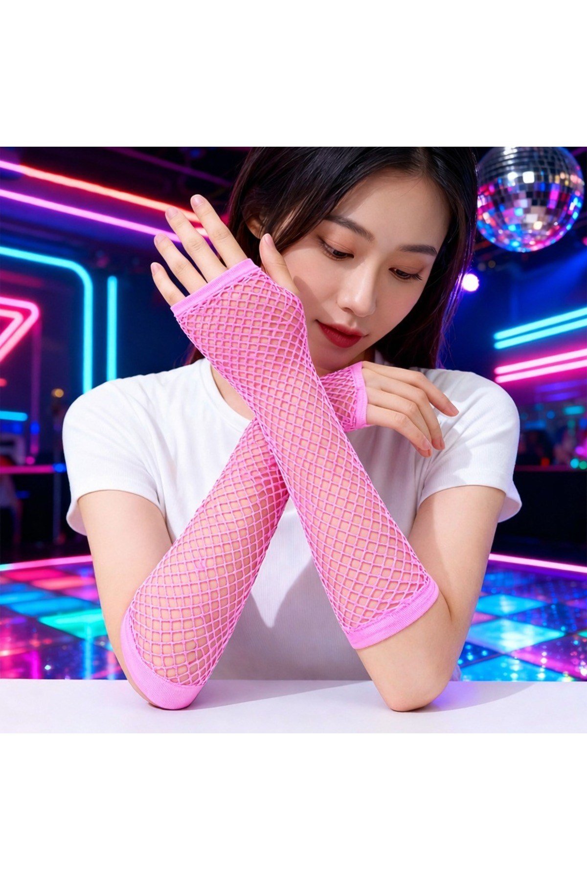 80’ler 90’lar Retro Neon Pembe File Parmaksız Eldiven 26 cm