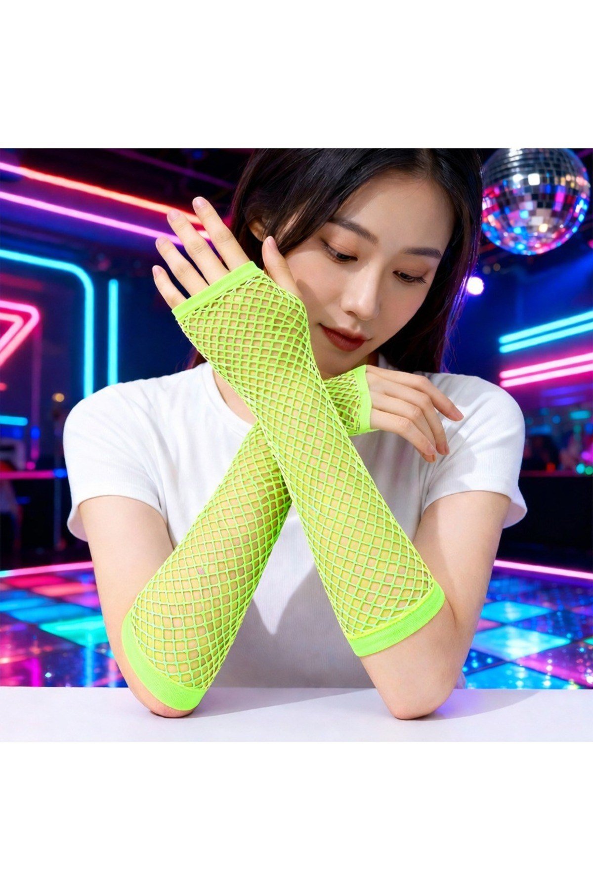 80’ler 90’lar Retro Neon Yeşil File Parmaksız Eldiven 26 cm