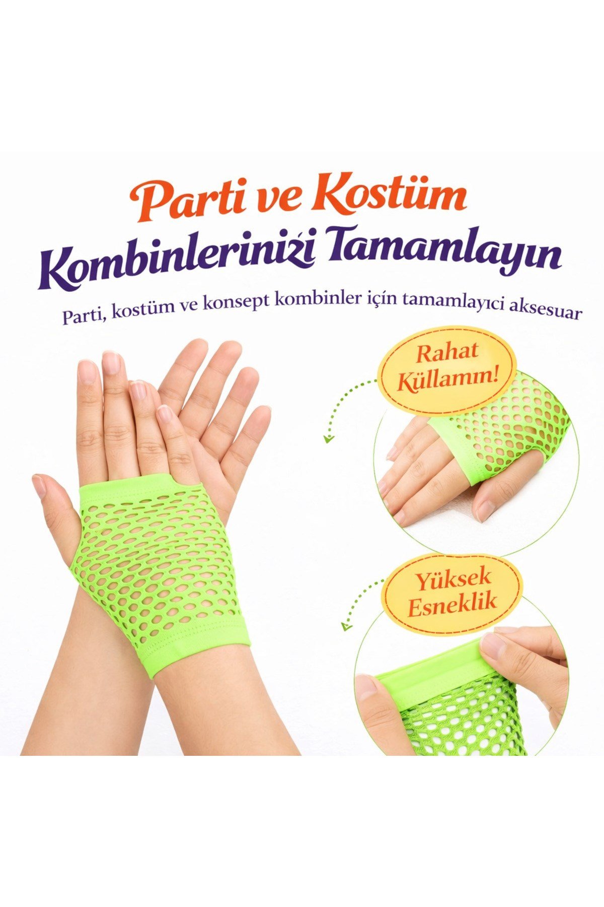 80’ler 90’lar Retro Neon Yeşil File Parmaksız Kısa Eldiven 11 cm