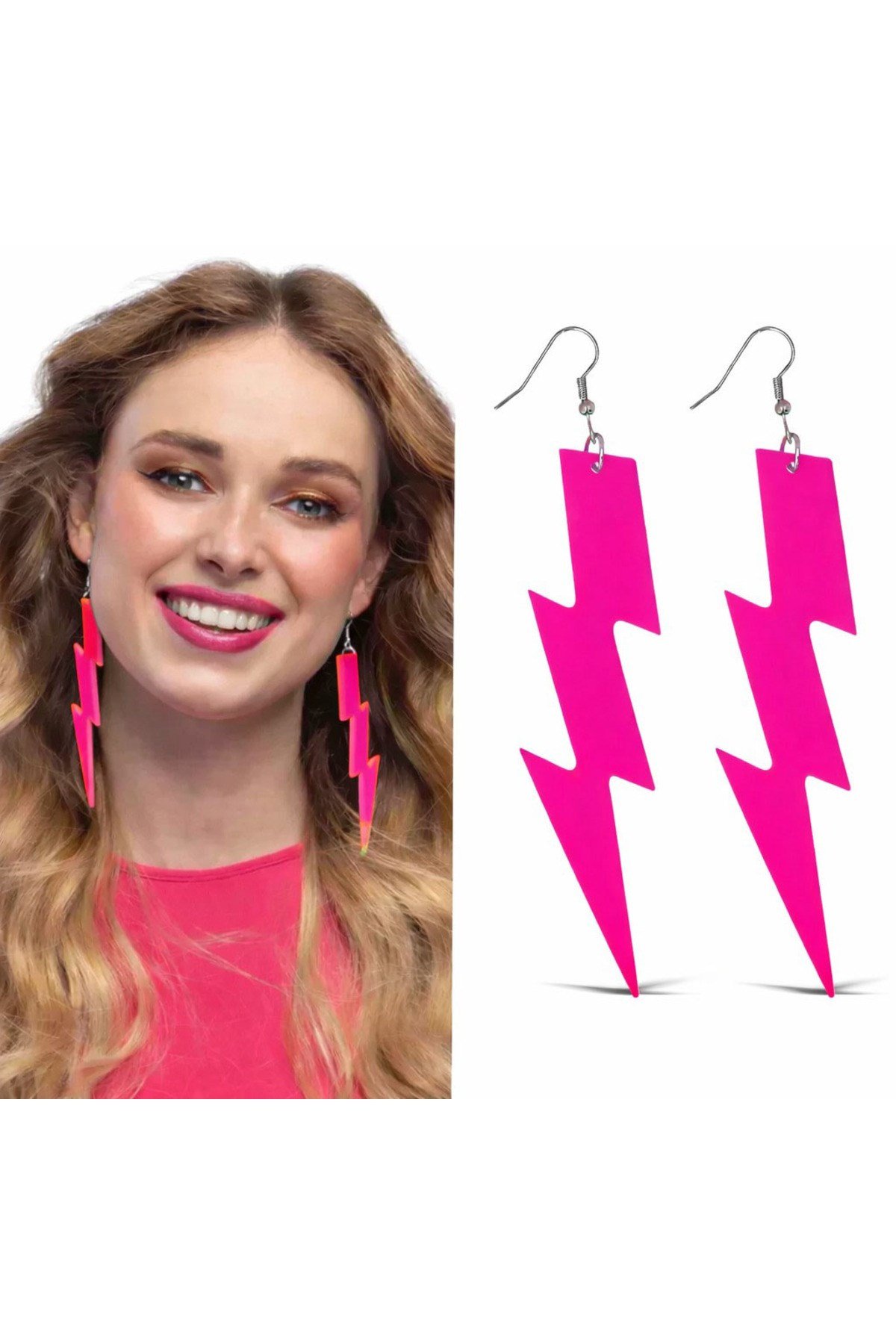 80’ler 90'lar Retro Neon Pembe Şimşek Küpe 10 cm