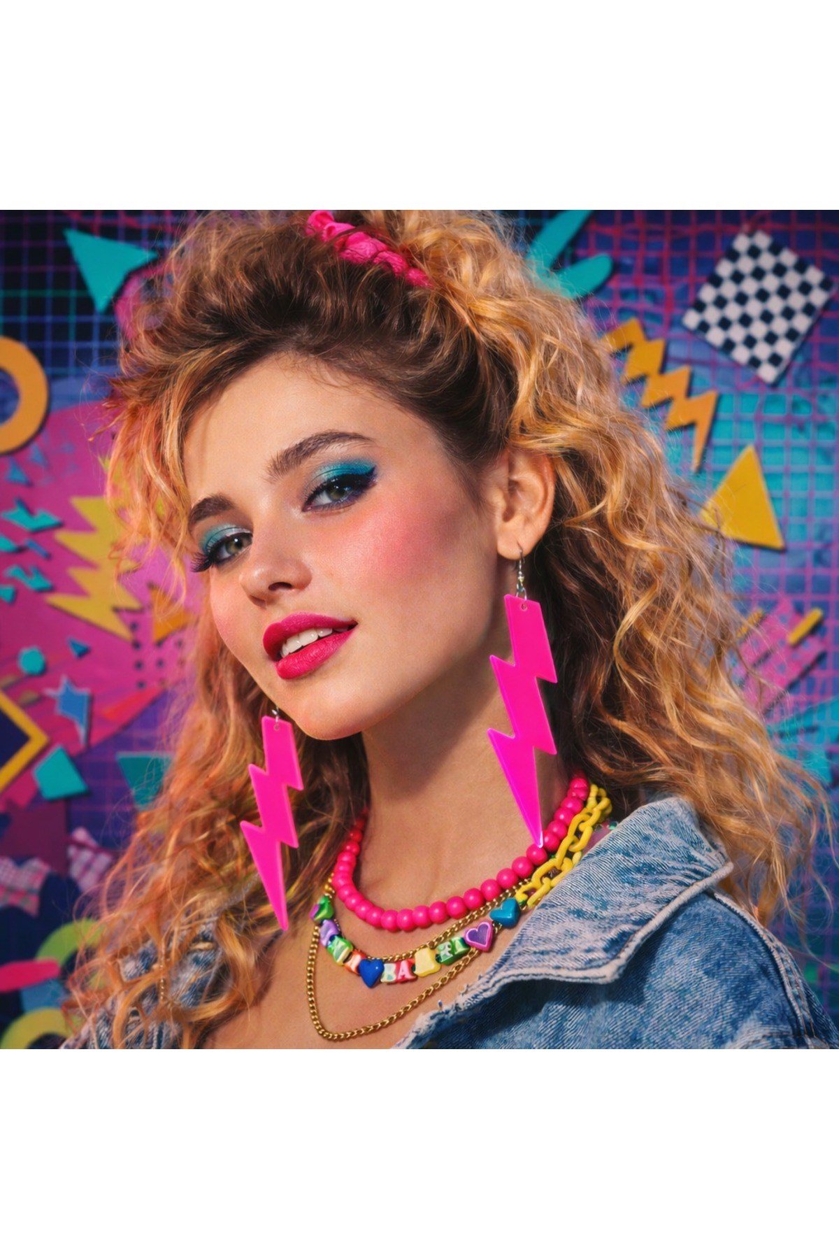 80’ler 90'lar Retro Neon Pembe Şimşek Küpe 10 cm