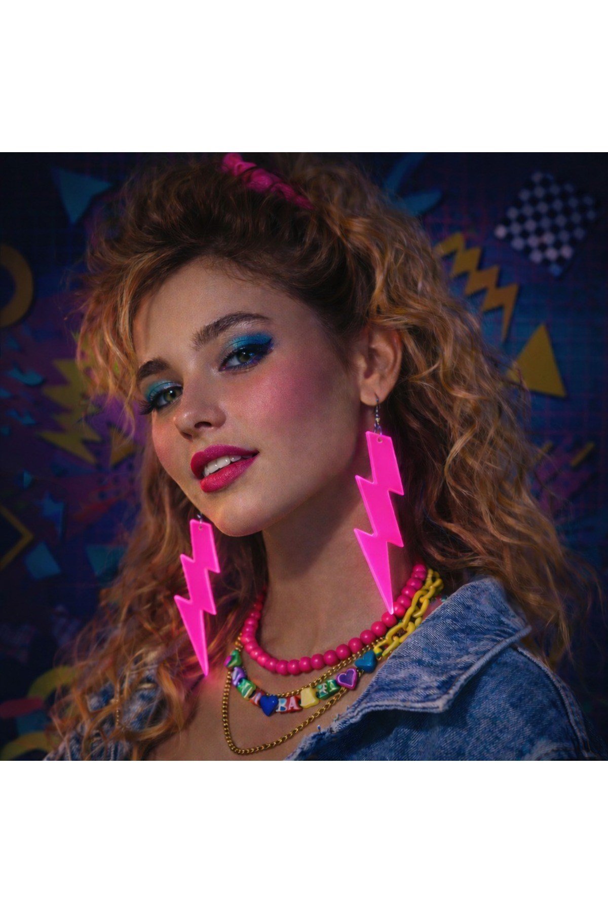 80’ler 90'lar Retro Neon Pembe Şimşek Küpe 10 cm