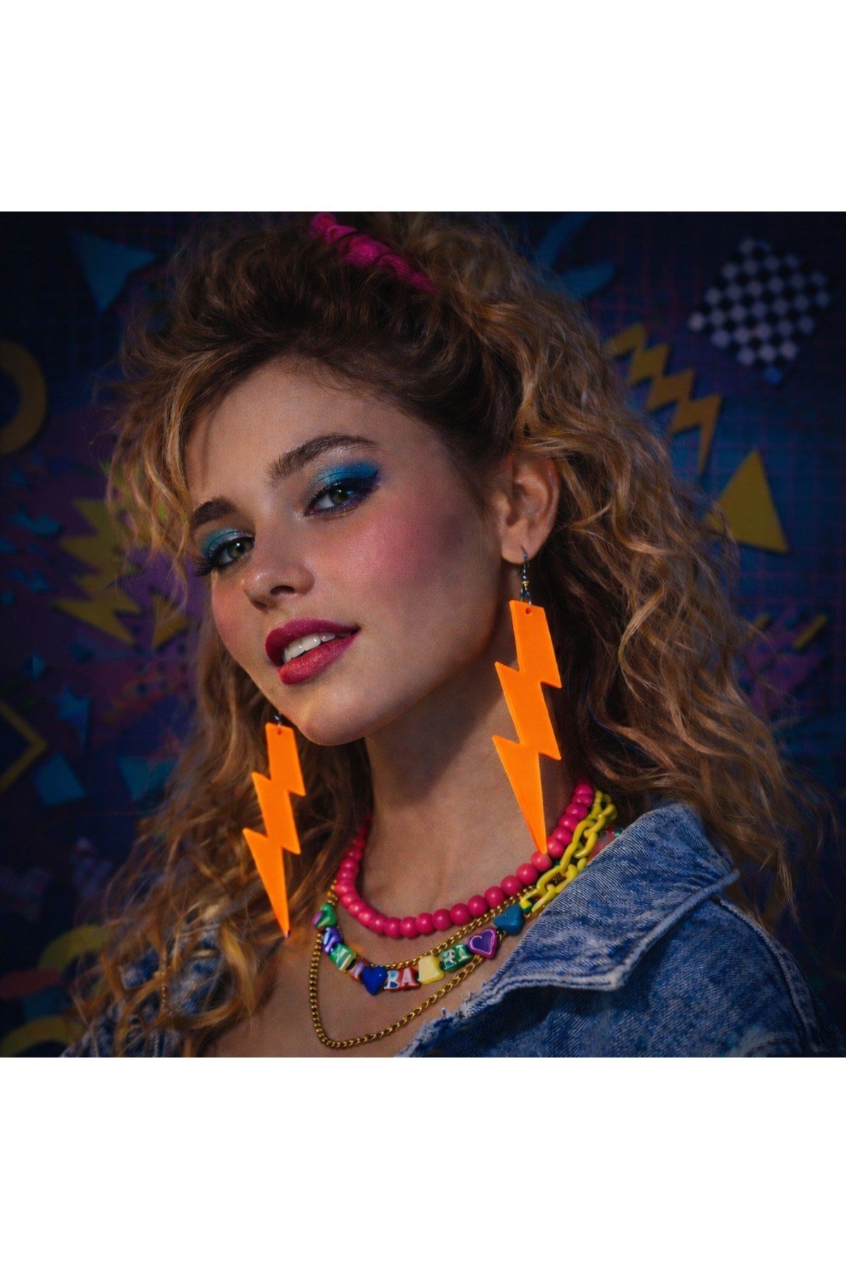 80’ler 90'lar Retro Neon Turuncu Şimşek Küpe 10 cm