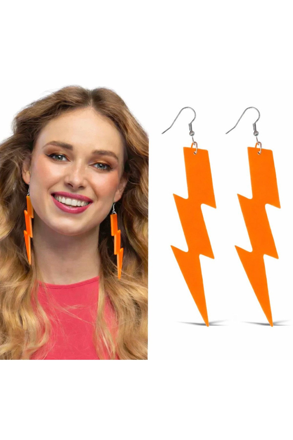80’ler 90'lar Retro Neon Turuncu Şimşek Küpe 10 cm